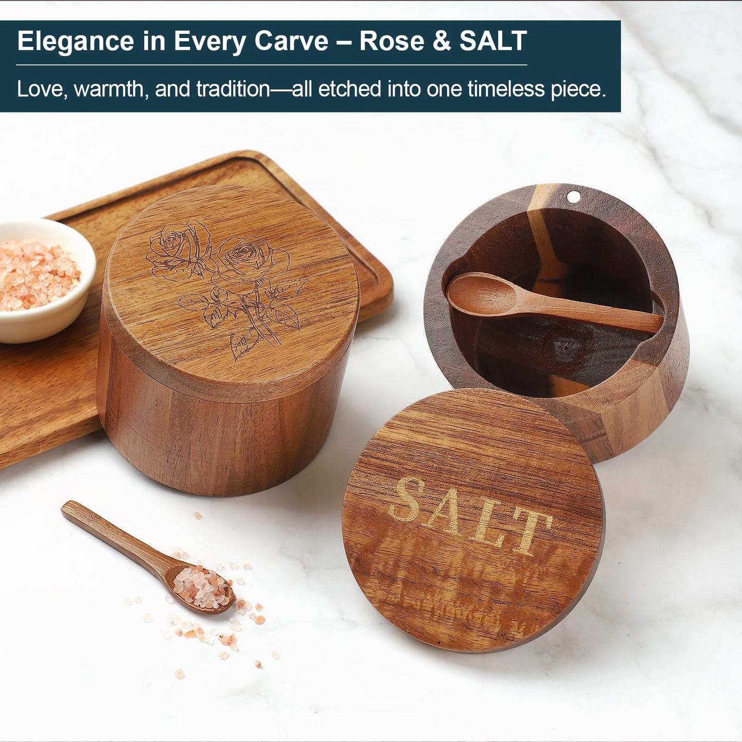 Timtopno Salt Cellar, Acacia Wood Salt Container with Built-in Spoon & Swivel Lid, Engraved SALT Box, Salt Holder Bowl for Countertop Seasoning Storage