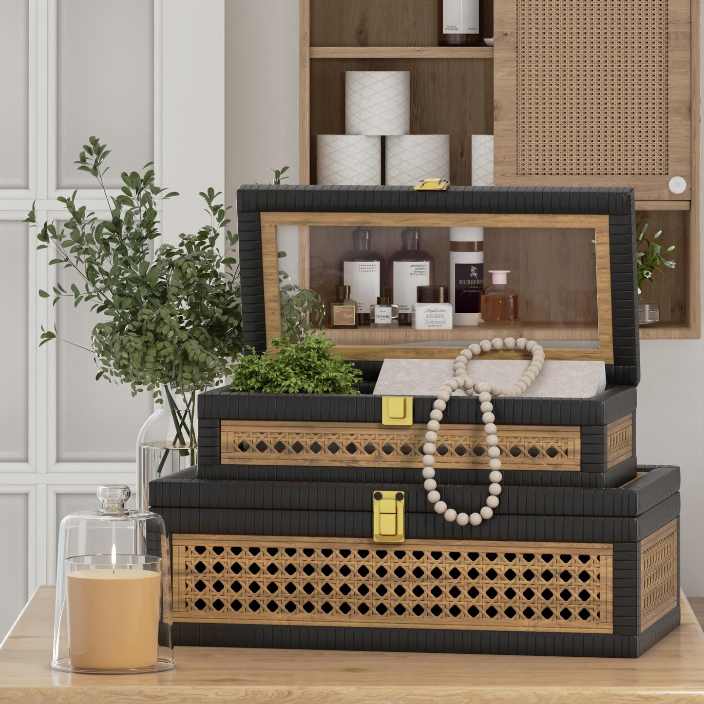 Rattan Decorative Box,Boho Display Boxes with Lids,Set of 2 Rectangular Wicker Storage Decoration,Natural Woven Cane Bins for Home Decor for Rustic Farmhouse(Yellow and Black)