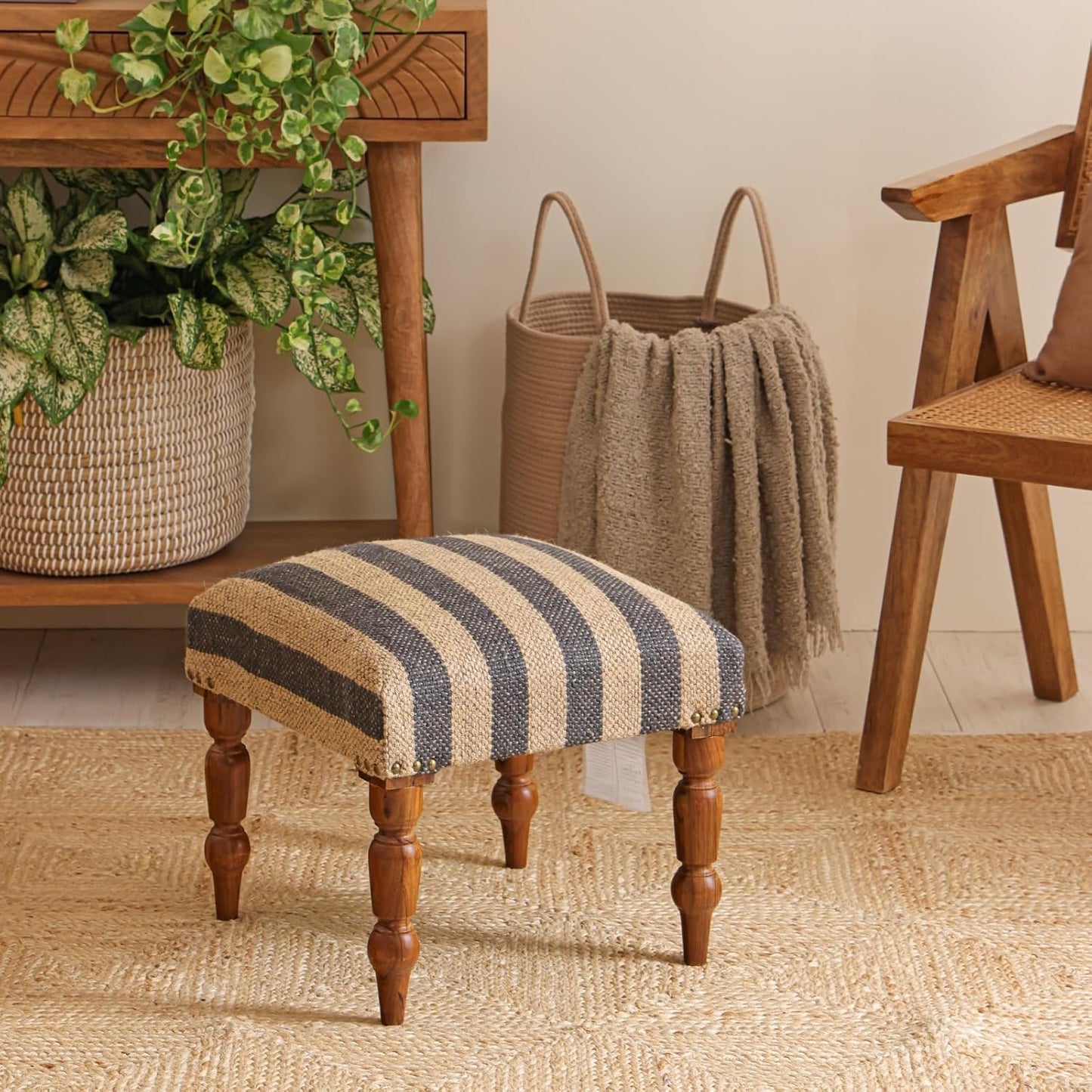 Handmade Jute Ottoman Stool with Wooden Legs