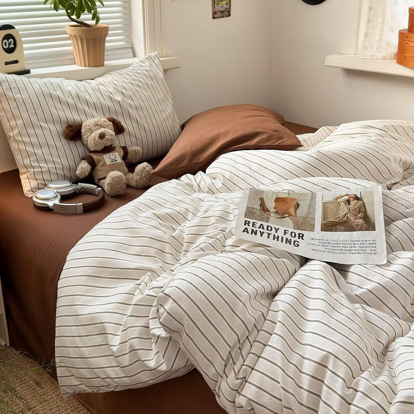Duvet Cover Set - Brown Plaid Gingham Comforter Cover with Zipper Closure