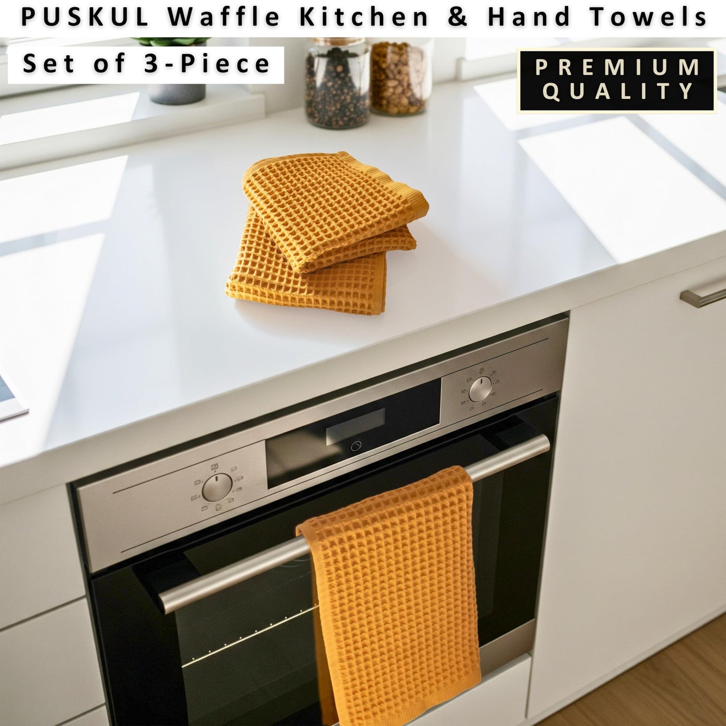 PÜSKÜL Organic Waffle Kitchen Towel Pure 100% Turkish Cotton Set of 3 Natural Raw-Undyed Towel - Premium Quality Soft Quick-Dry Absorbent Lint-Free Hand & Dish Towels Large 32X16 (3, Natural Beige)