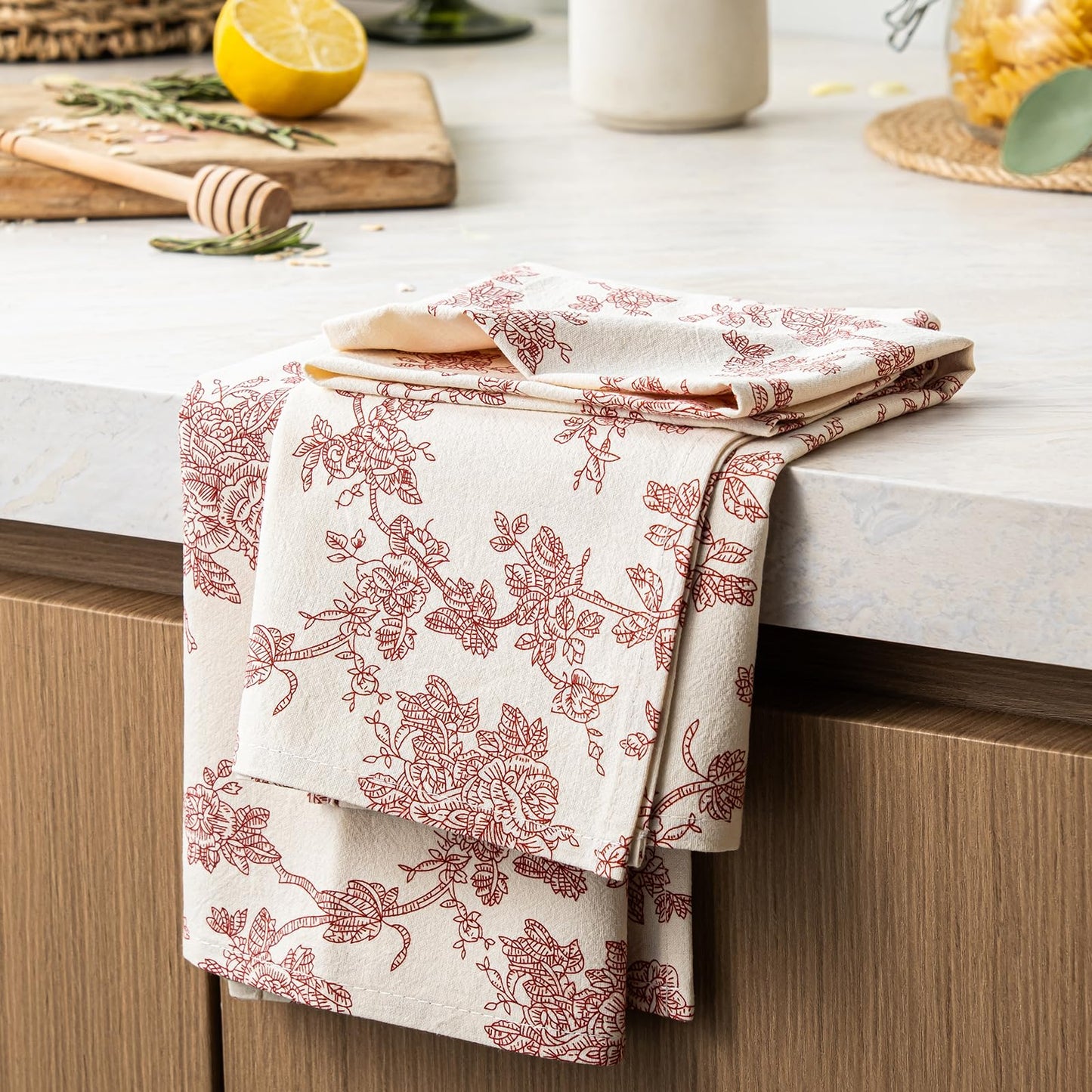 100% Cotton French Pastoral Kitchen Towels Set of 2, Decorative Flour Sack Tea Towels with Hanging Loop 18x25 Inch Absorbent Dish Cloths Farmhouse Home Decor, Brown