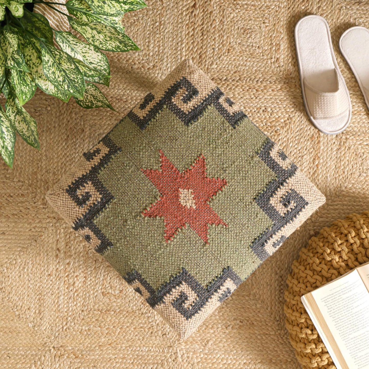 Handmade Jute Ottoman Stool with Wooden Legs