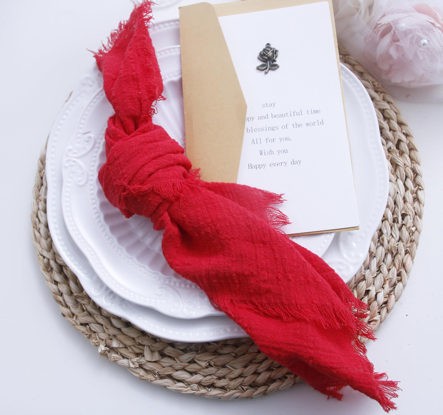 Cloth Napkins with Fringe Set of 12,100% Soft Cotton, Gauze Washable Easter Napkins for Wedding Decorative Dinner Parties, Valentine's Day (16''*16'') Light Blue