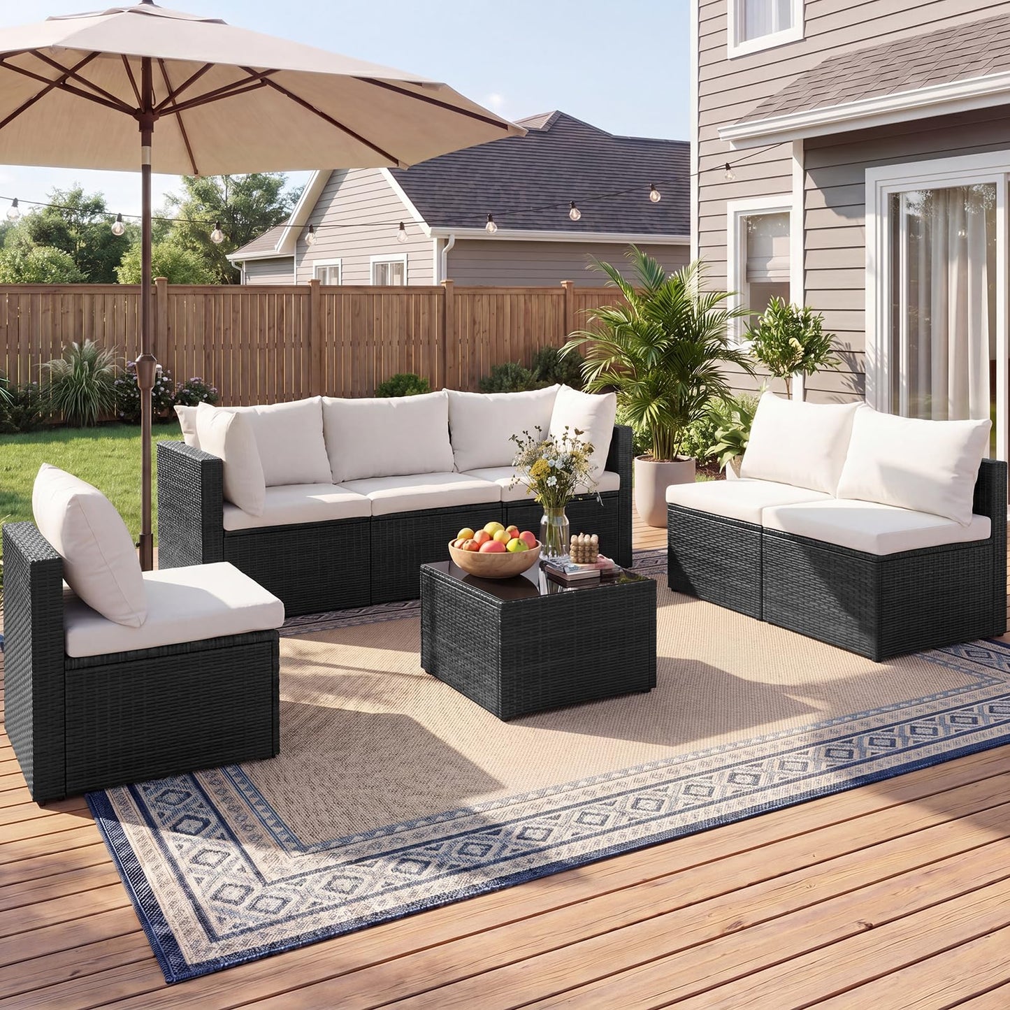 Sweetcrispy 7-Piece Outdoor Patio Sectional Sofa, Modular PE Wicker Outdoor Sectional with Thick Cushions, Rattan Patio Sofa Set with Coffee Table for Backyard, Poolside, Garden, Deck, Brown