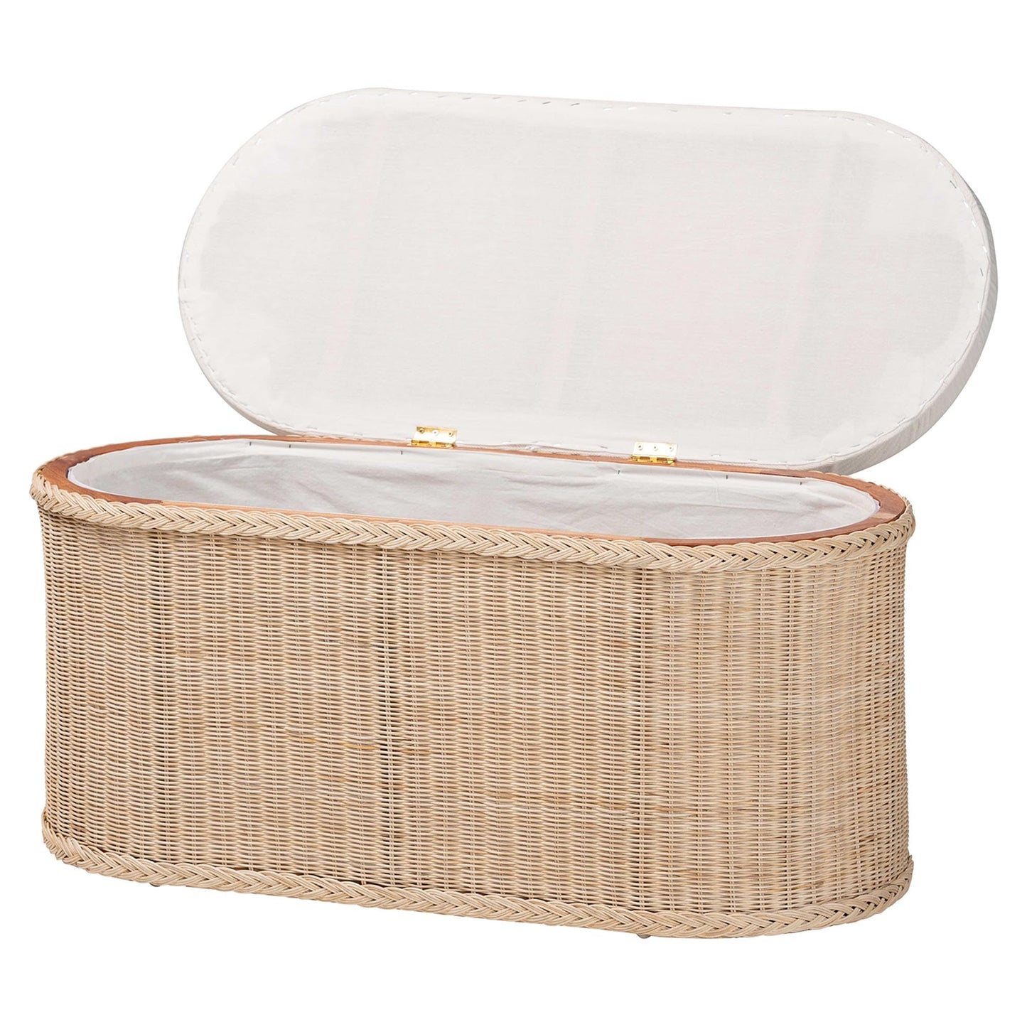 Braided Natural Rattan Storage Bench with Cushioned Lift-Top Lid