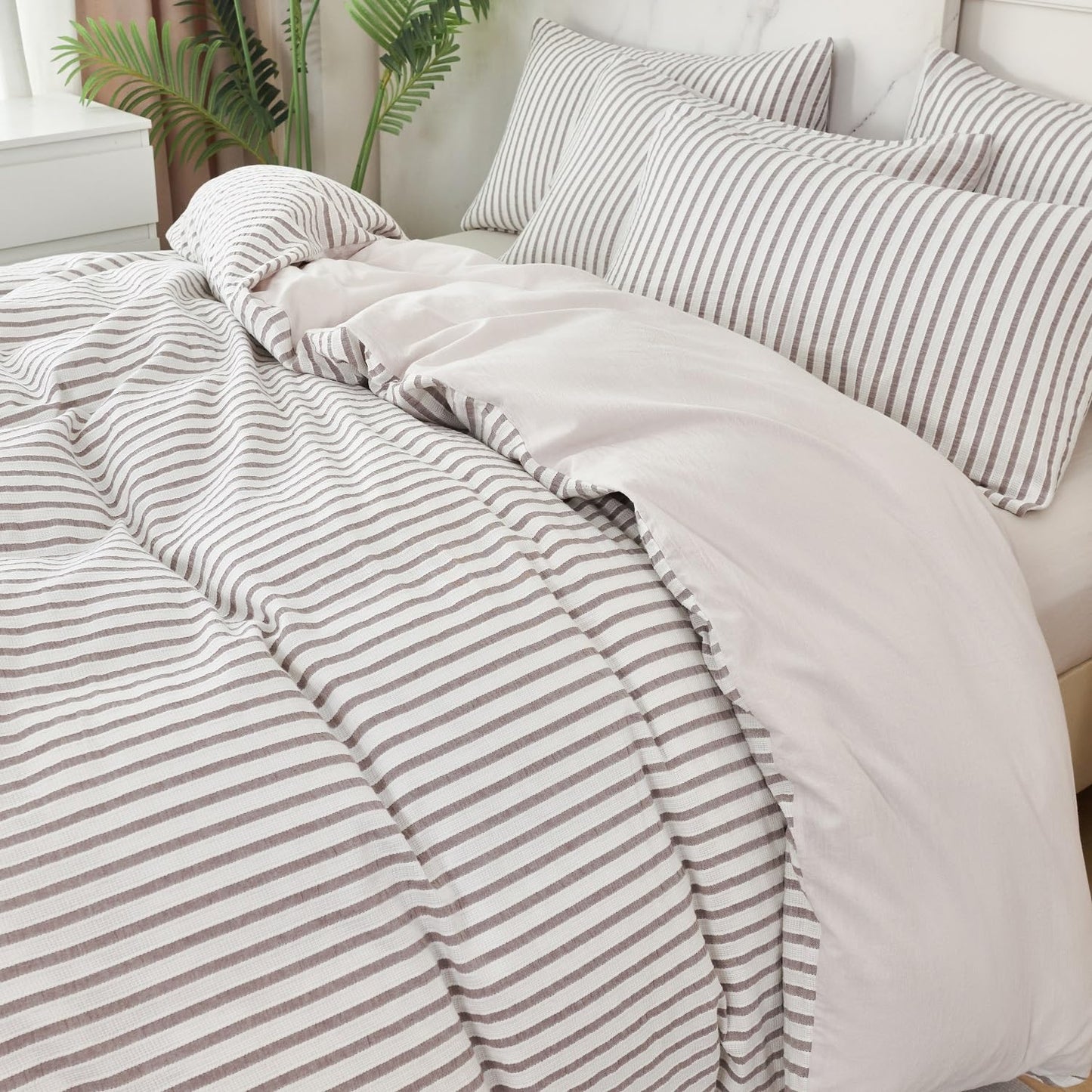 Striped Duvet Cover Queen Beige Washed Microfiber Jacquard 3 Pieces Bedding Set, White Beige Vertical Ticking Stripes Pattern Comforter Cover with Zipper Closure Breathable Durable Soft Comfy