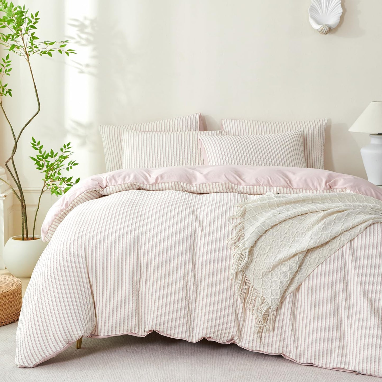 Striped Duvet Cover Queen Beige Washed Microfiber Jacquard 3 Pieces Bedding Set, White Beige Vertical Ticking Stripes Pattern Comforter Cover with Zipper Closure Breathable Durable Soft Comfy