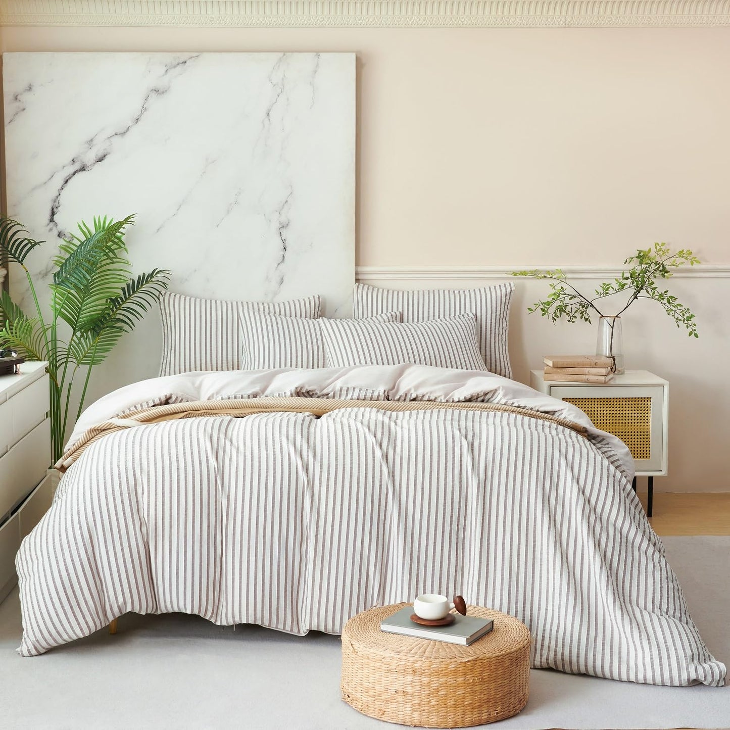 Striped Duvet Cover Queen Beige Washed Microfiber Jacquard 3 Pieces Bedding Set, White Beige Vertical Ticking Stripes Pattern Comforter Cover with Zipper Closure Breathable Durable Soft Comfy