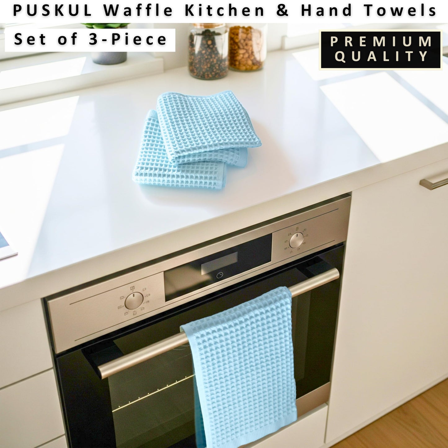 PÜSKÜL Organic Waffle Kitchen Towel Pure 100% Turkish Cotton Set of 3 Natural Raw-Undyed Towel - Premium Quality Soft Quick-Dry Absorbent Lint-Free Hand & Dish Towels Large 32X16 (3, Natural Beige)