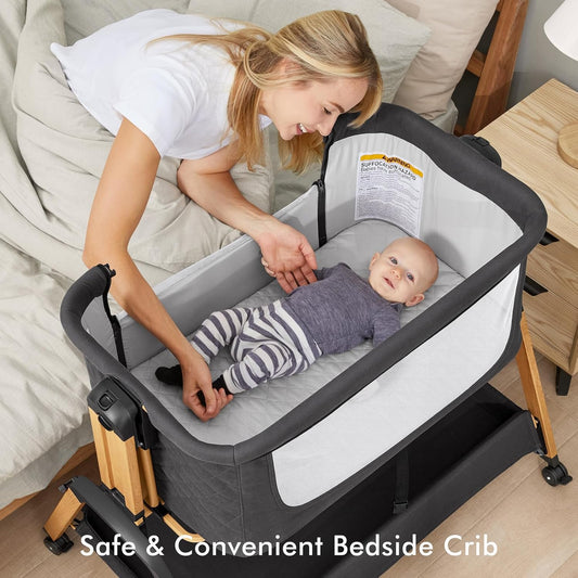 TotRun Bassinet Bedside Sleeper, Rocking Bassinets with Comfy Mattress and Wheels for Newborn, 5-Height Adjustable (Black)
