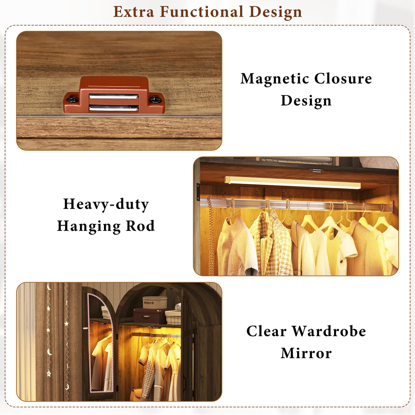 3 Doors Armoire Wardrobe Closet with Doors and Drawers