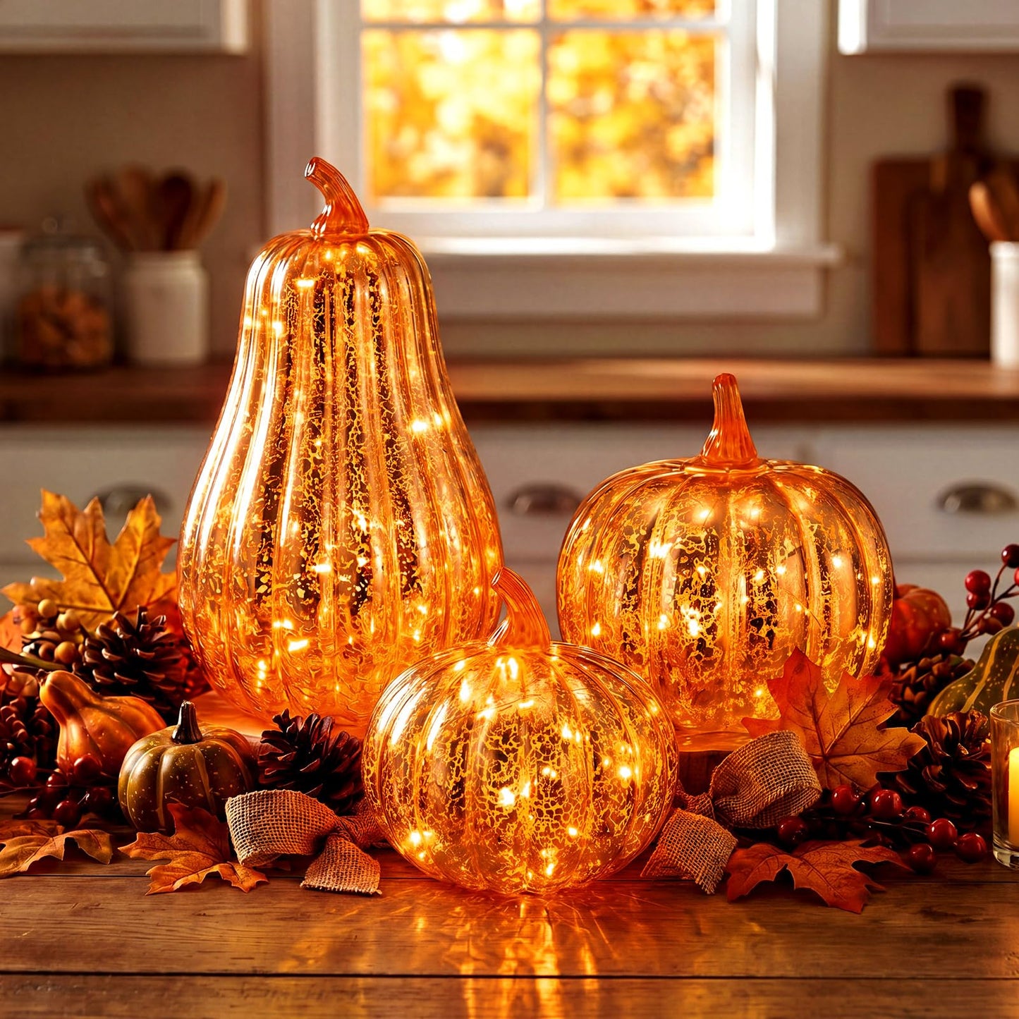 3 Pack Fall Glass Pumpkin with Light