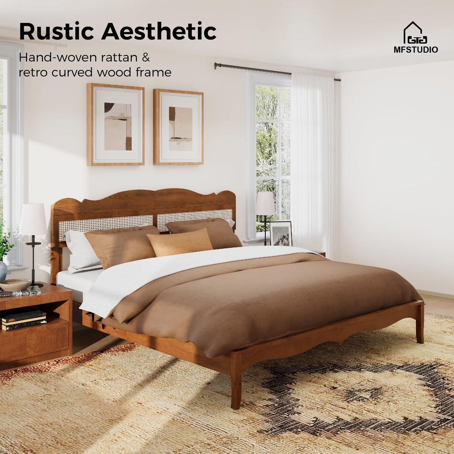 King Wood Bed Frame with Rattan Headboard