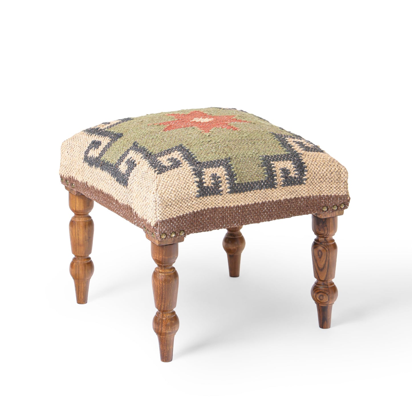 Handmade Jute Ottoman Stool with Wooden Legs
