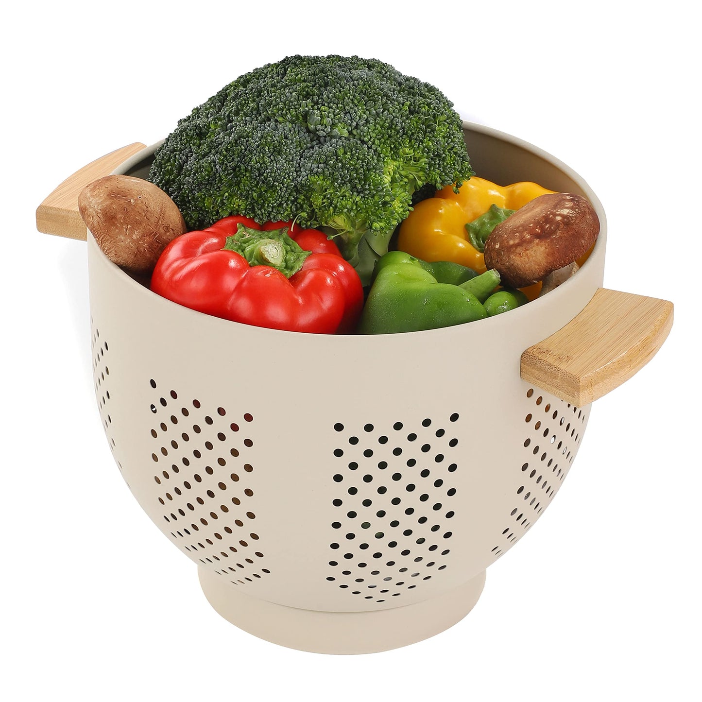 Metal Colander with Wood Handle and Stable Base, Powder Coated Steel Kitchen Strainer Basket for Draining Pasta, Vegetable and fruit(7quart,Sandyellow)