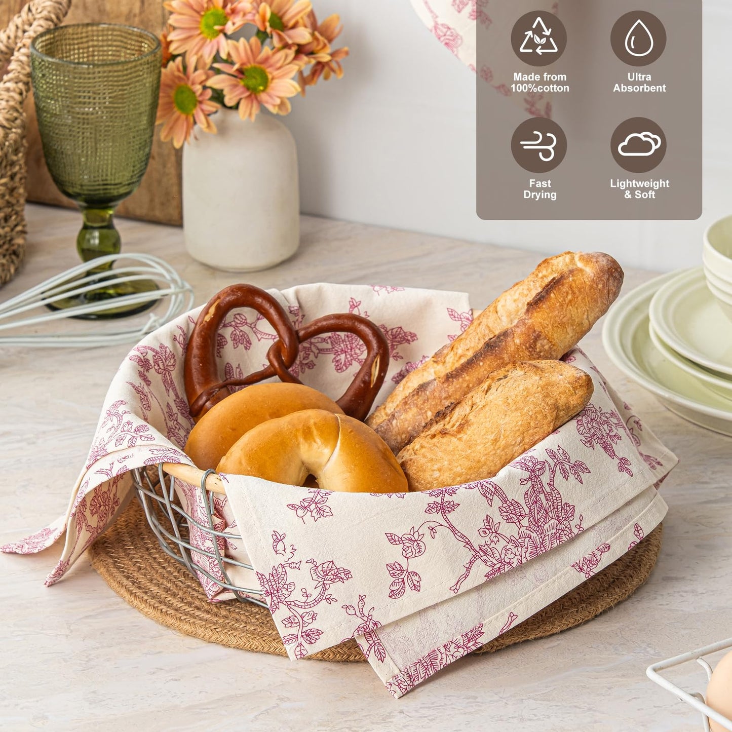 100% Cotton French Pastoral Kitchen Towels Set of 2, Decorative Flour Sack Tea Towels with Hanging Loop 18x25 Inch Absorbent Dish Cloths Farmhouse Home Decor, Brown