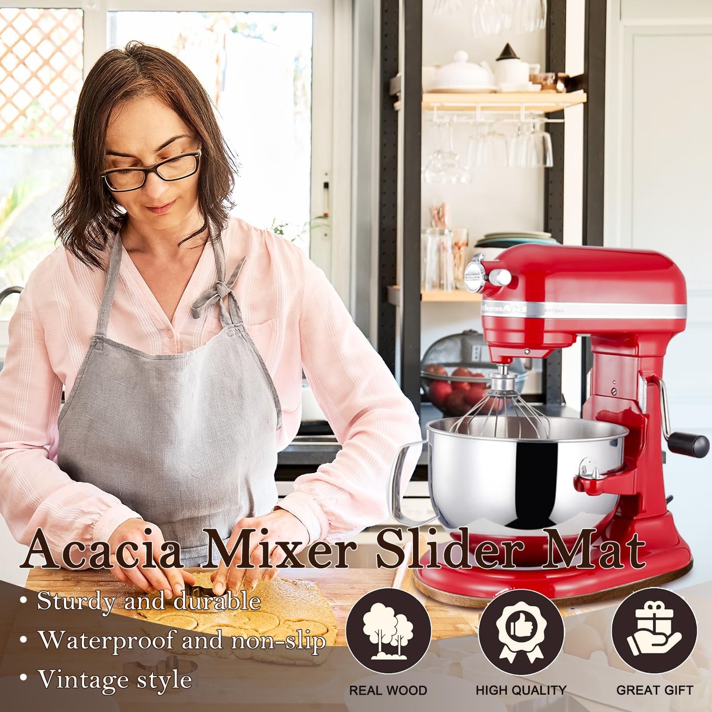 Acacia Wood Mixer Slider Mat for Kitchen Aid 4.5-5 Qt Tilt-Head Stand Mixer Kitchen Appliance Slider Tray Countertop Storage Attachments