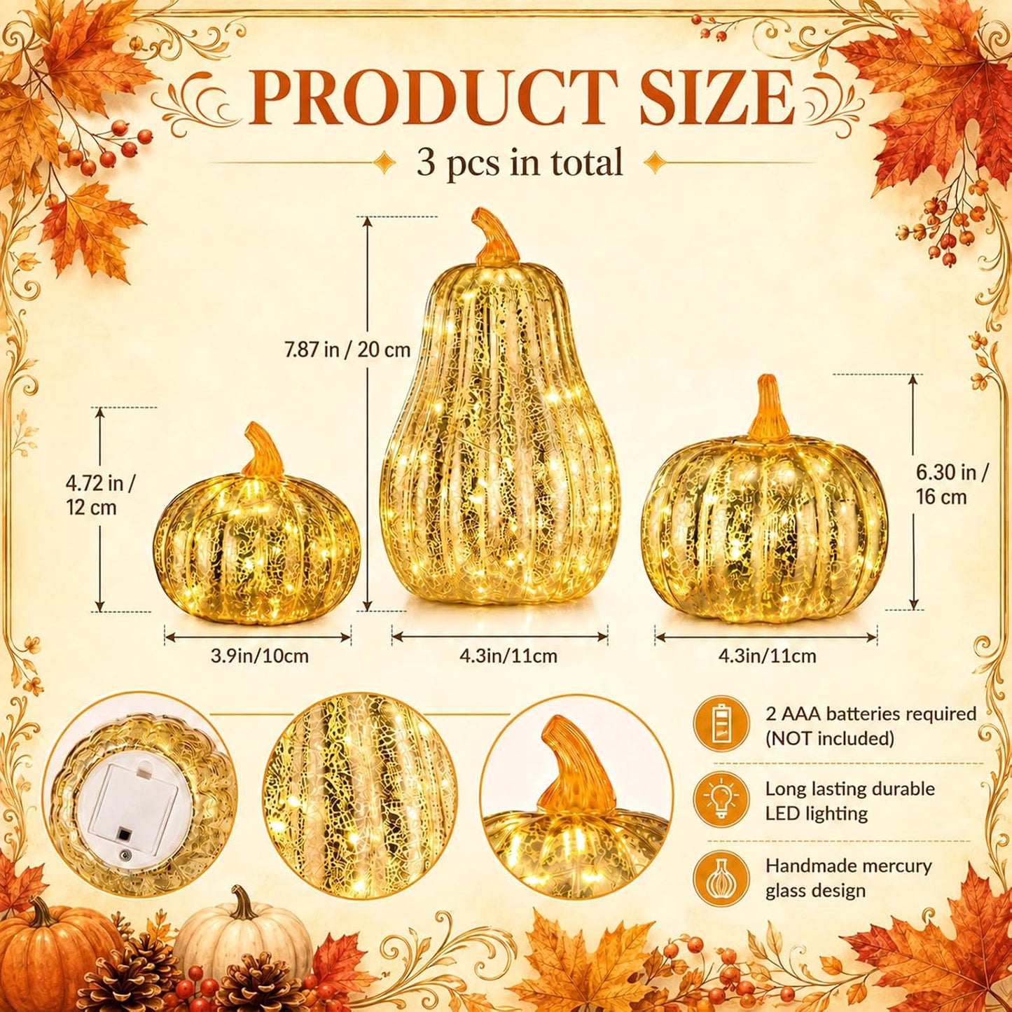 3 Pack Fall Glass Pumpkin with Light