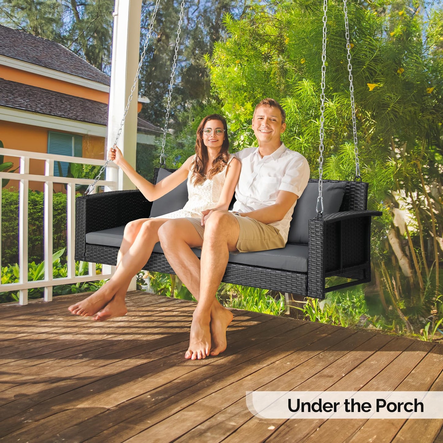 VINGLI 2.4 FT 1-Person Use Round Rattan Porch Swing Outdoor Support 440 LBS with Cushions & Adjustable Chains, Patio Wicker Swing Bench Chair for Garden, Yard, Lawn, Tree, Brown