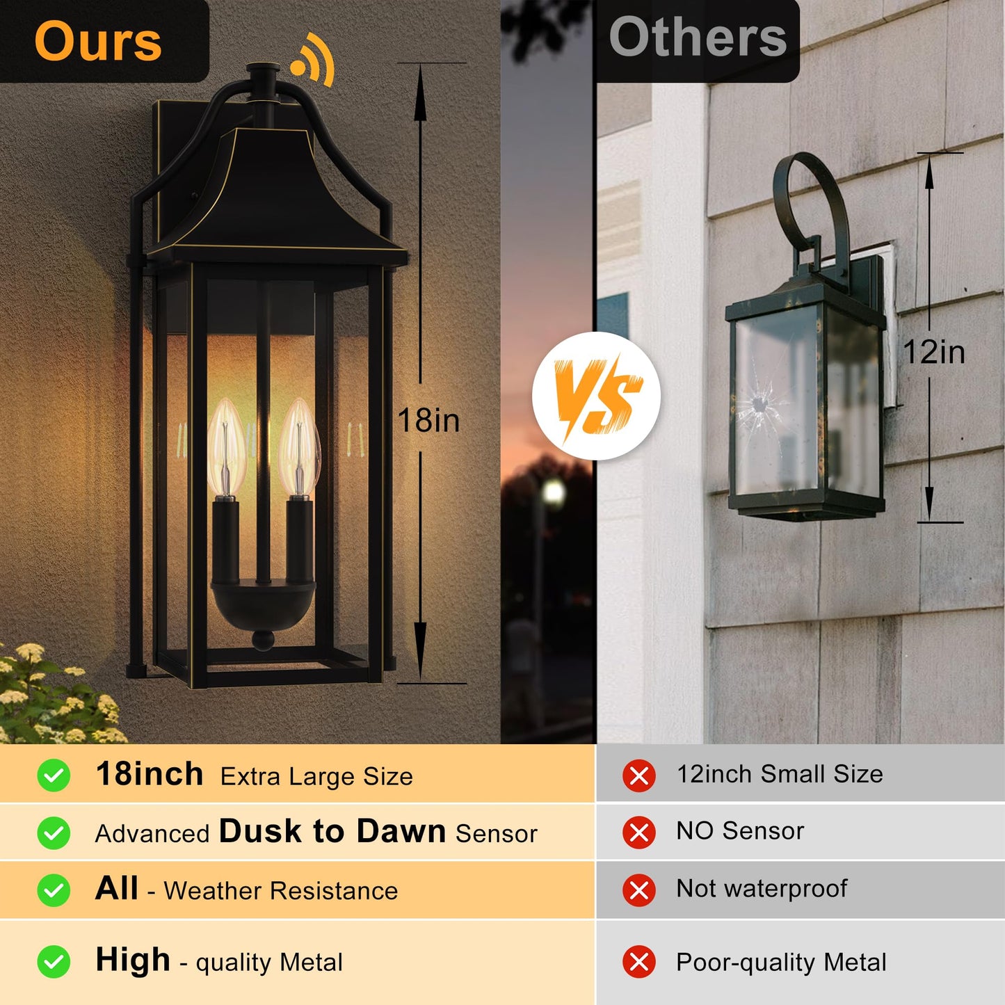Outdoor Wall Lights Fixtures, Large Size Dusk to Dawn Waterproof Exterior Lanterns, Modern Porch Sconce Wall Mounted with Glass