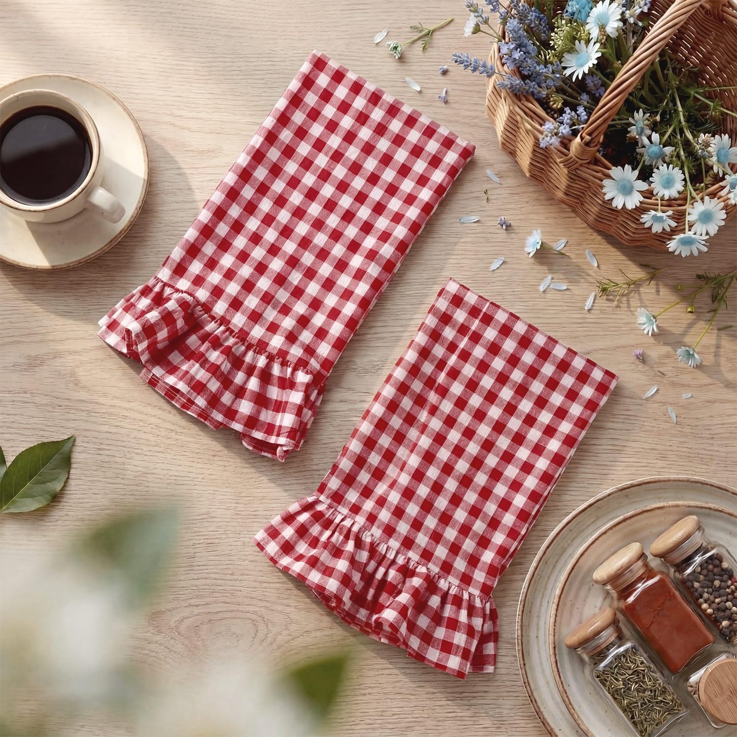 HunnmingRe Taupe Kitchen Towels Set of 2, 100% Cotton Ruffled Gingham Dish Towels 18"x28" Tea Cloths Classic Plaid Pattern for Farmhouse Charm, Drying Dishes, Entertaining Guests