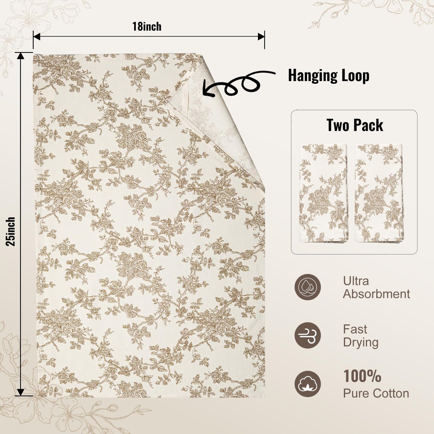 100% Cotton French Pastoral Kitchen Towels Set of 2, Decorative Flour Sack Tea Towels with Hanging Loop 18x25 Inch Absorbent Dish Cloths Farmhouse Home Decor, Brown