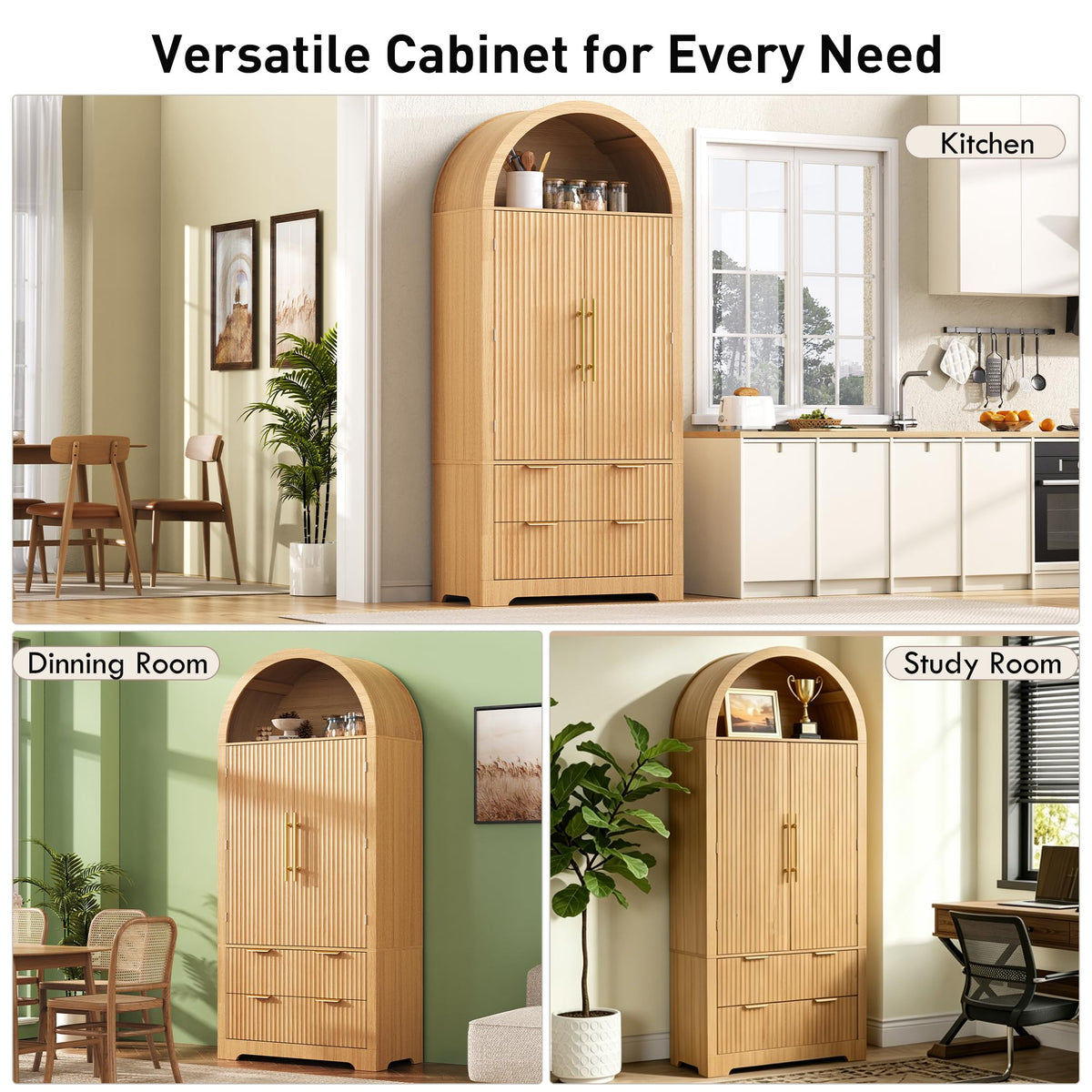 72" Tall Arched Kitchen Pantry Cabinet with 2 Drawers