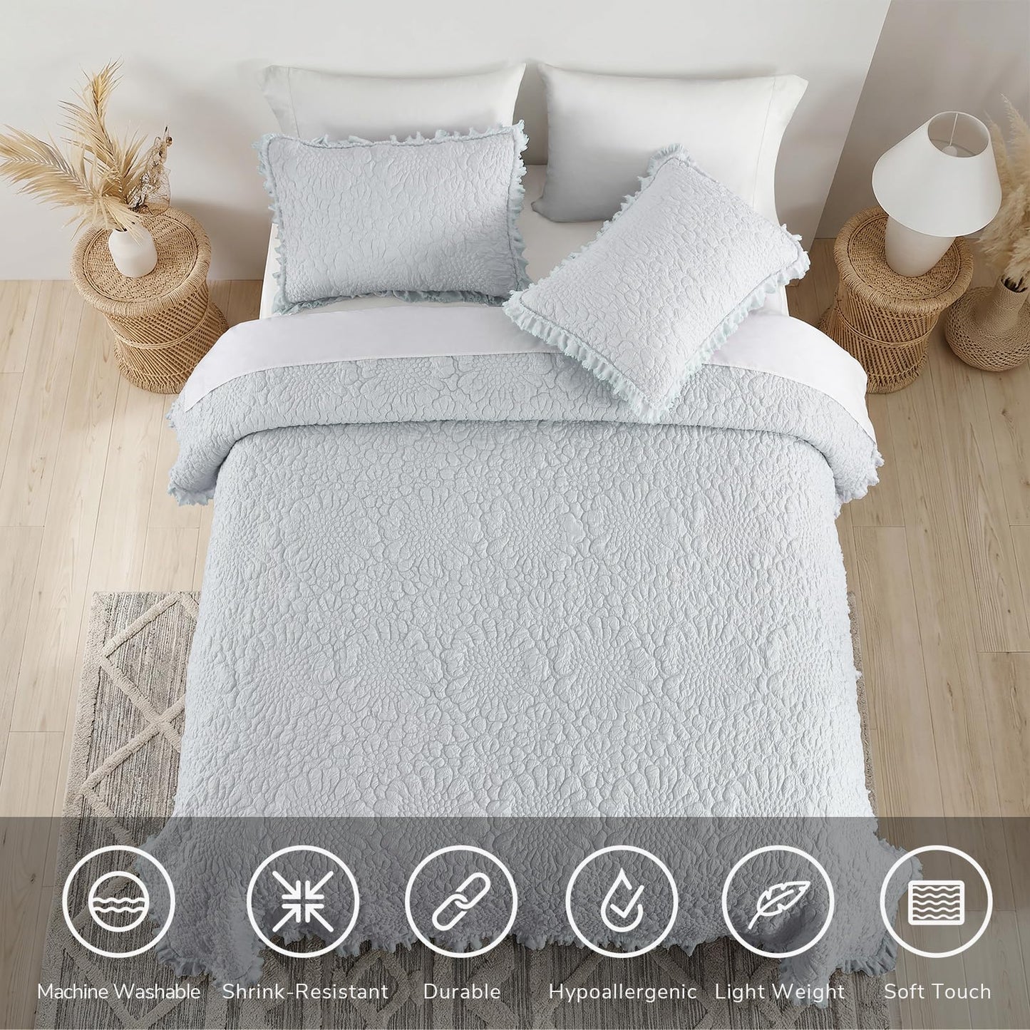 Ruffled Quilt Stone-Washed Lightweight Crinkled Shabby Chic Bedding Set