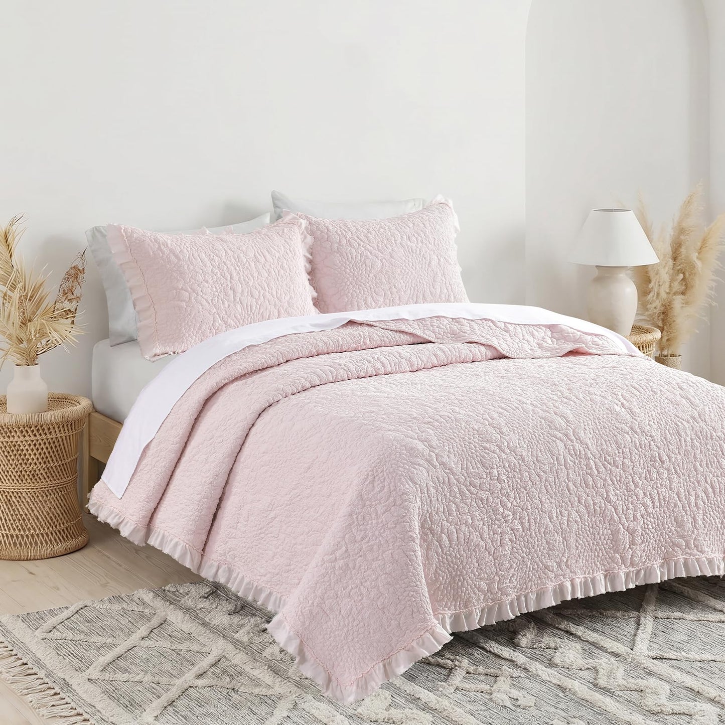 Ruffled Quilt Stone-Washed Lightweight Crinkled Shabby Chic Bedding Set