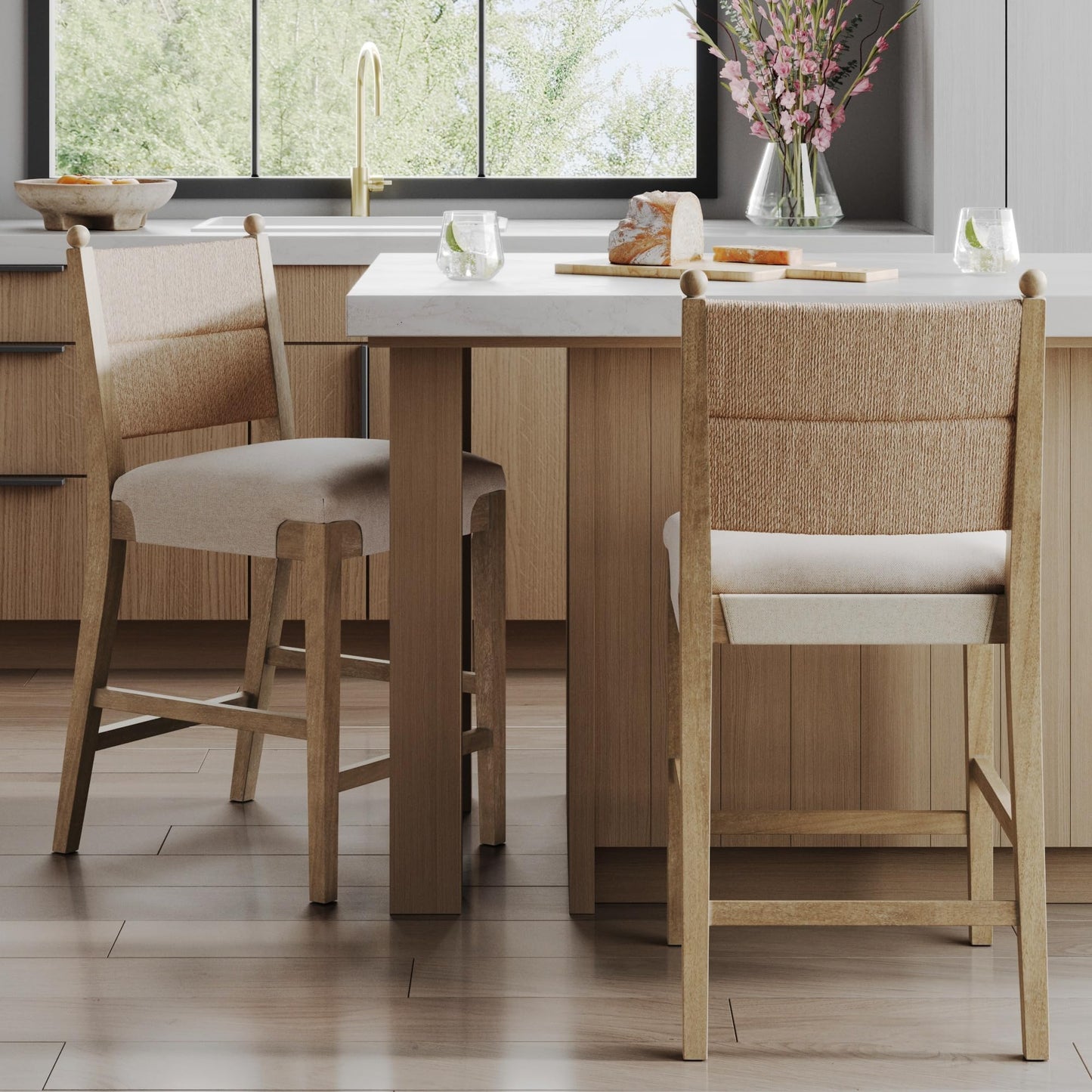 Nathan James Rikki Seagrass Bar Stool with Back, 2-Pack Boucle Counter Stool with Upholstered Seat, Solid Wood Frame, and Woven Seagrass Backrest