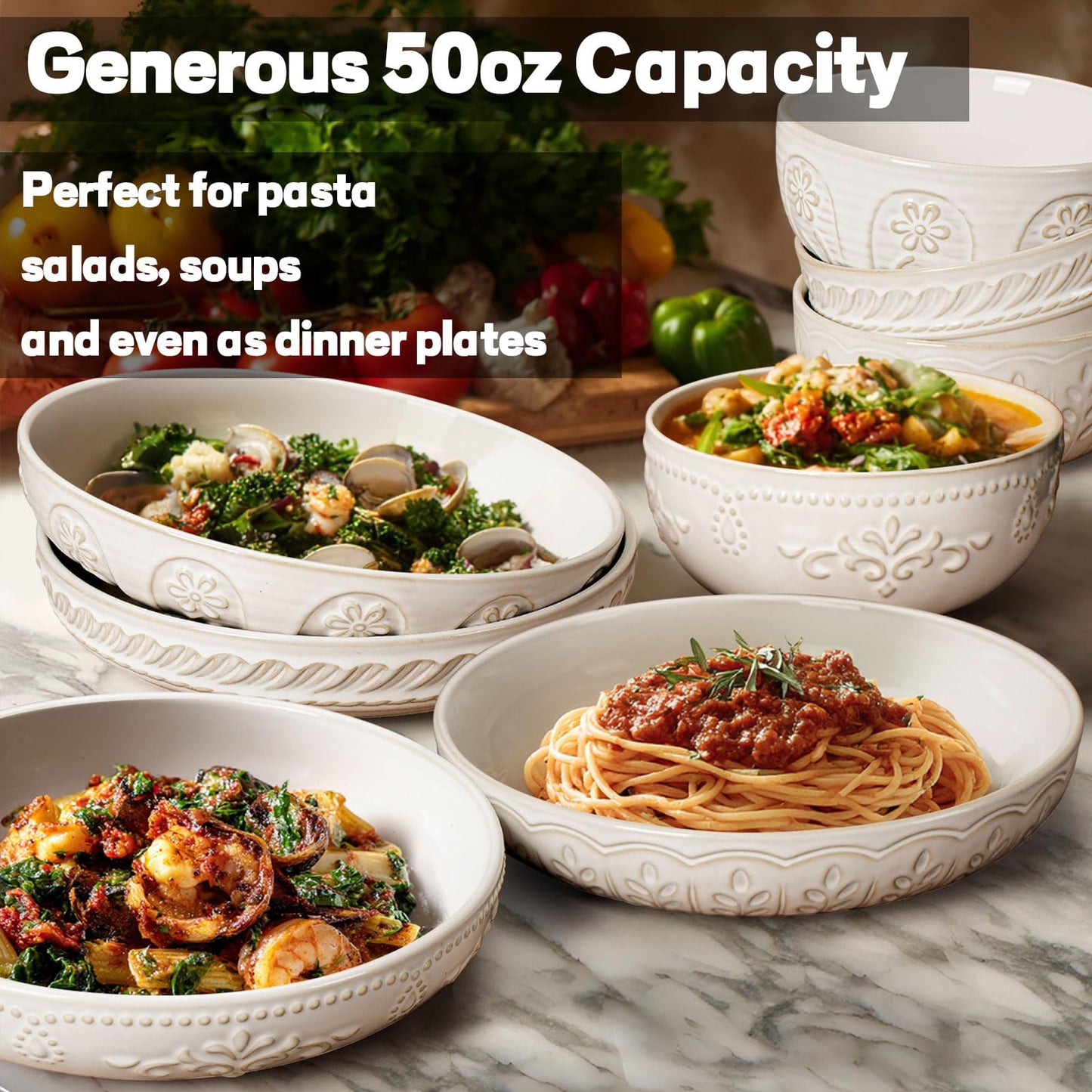 Artena Pasta Bowls, 50oz Large Salad Serving Bowls, 9.75'' Plates Bowl Set of 4, Big White Ceramic Soup Bowl for Kitchen, Embossment Shallow Dinner Bowl, Microwave Dishwasher Safe, Damask Floral