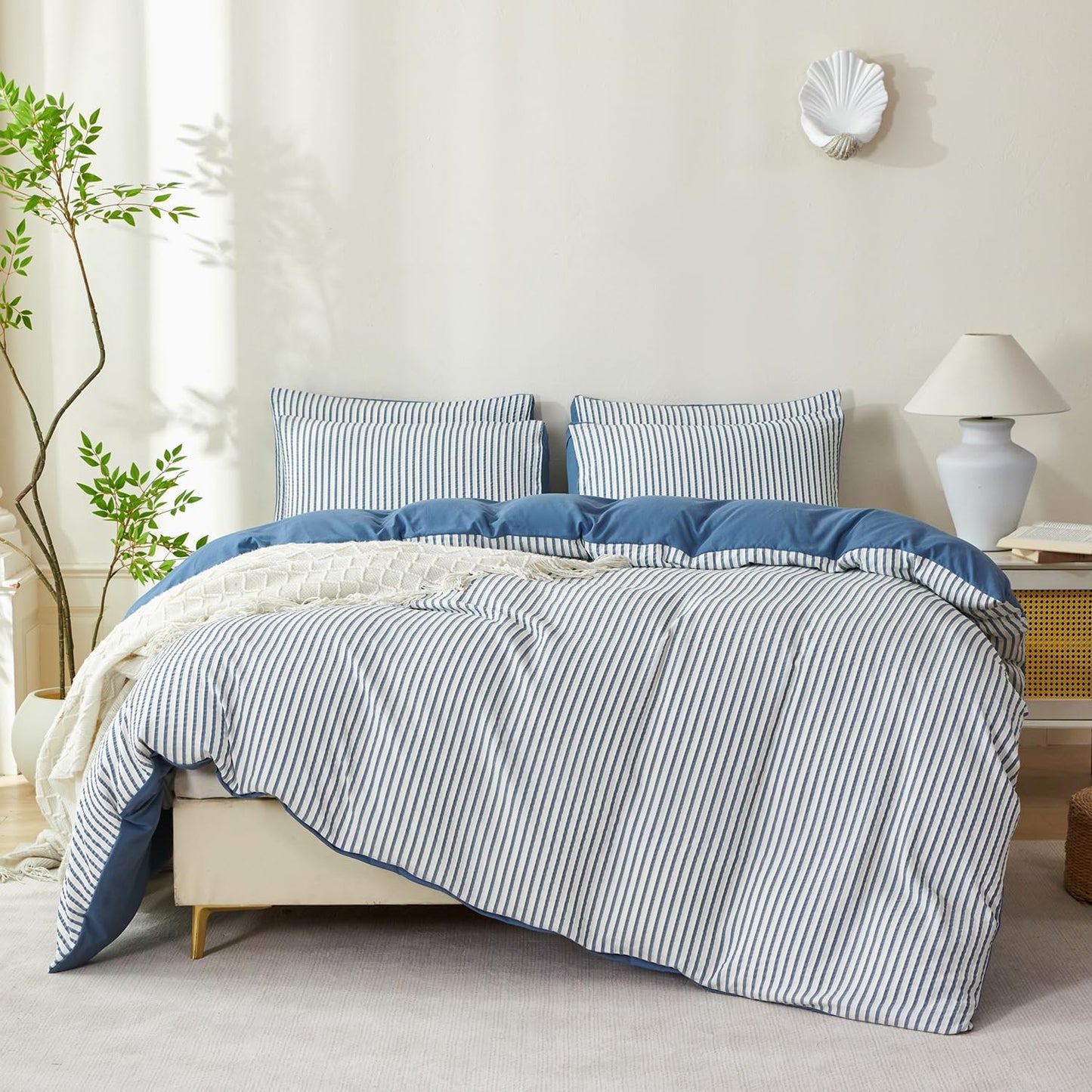 Striped Duvet Cover Queen Beige Washed Microfiber Jacquard 3 Pieces Bedding Set, White Beige Vertical Ticking Stripes Pattern Comforter Cover with Zipper Closure Breathable Durable Soft Comfy