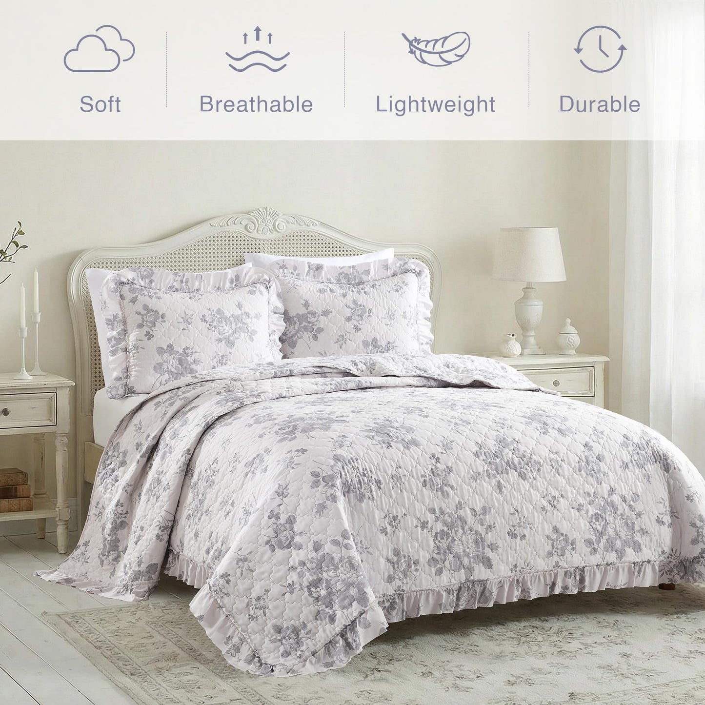 Ruffled Quilt Stone-Washed Lightweight Crinkled Shabby Chic Bedding Set