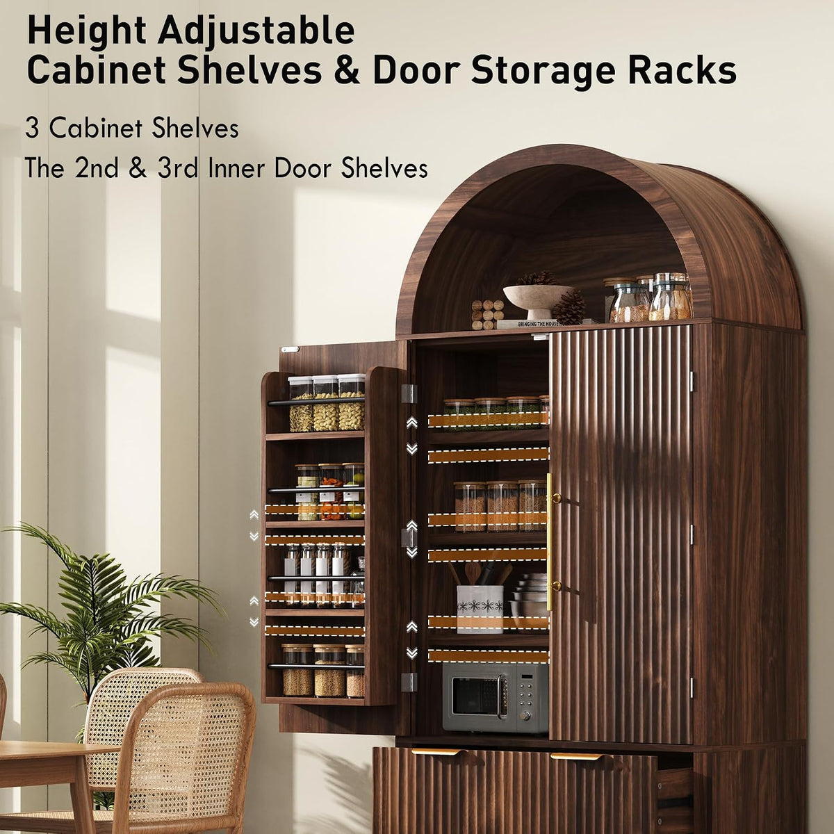 72" Tall Arched Kitchen Pantry Cabinet with 2 Drawers