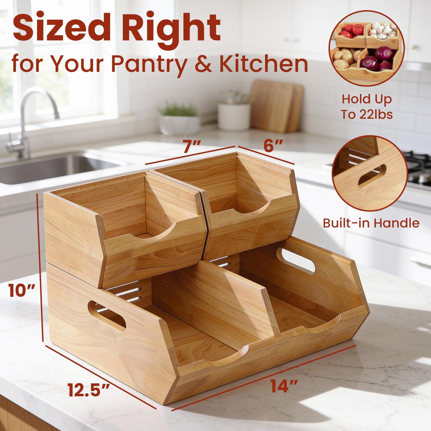 HOMESTEAD Stackable Solid Wood Storage Bins for Kitchen Pantry & Countertop, Ventilated Potato and Onion Basket Organizer with Handles, Wooden Produce Storage Containers, 3-Pack, Chestnut Finish