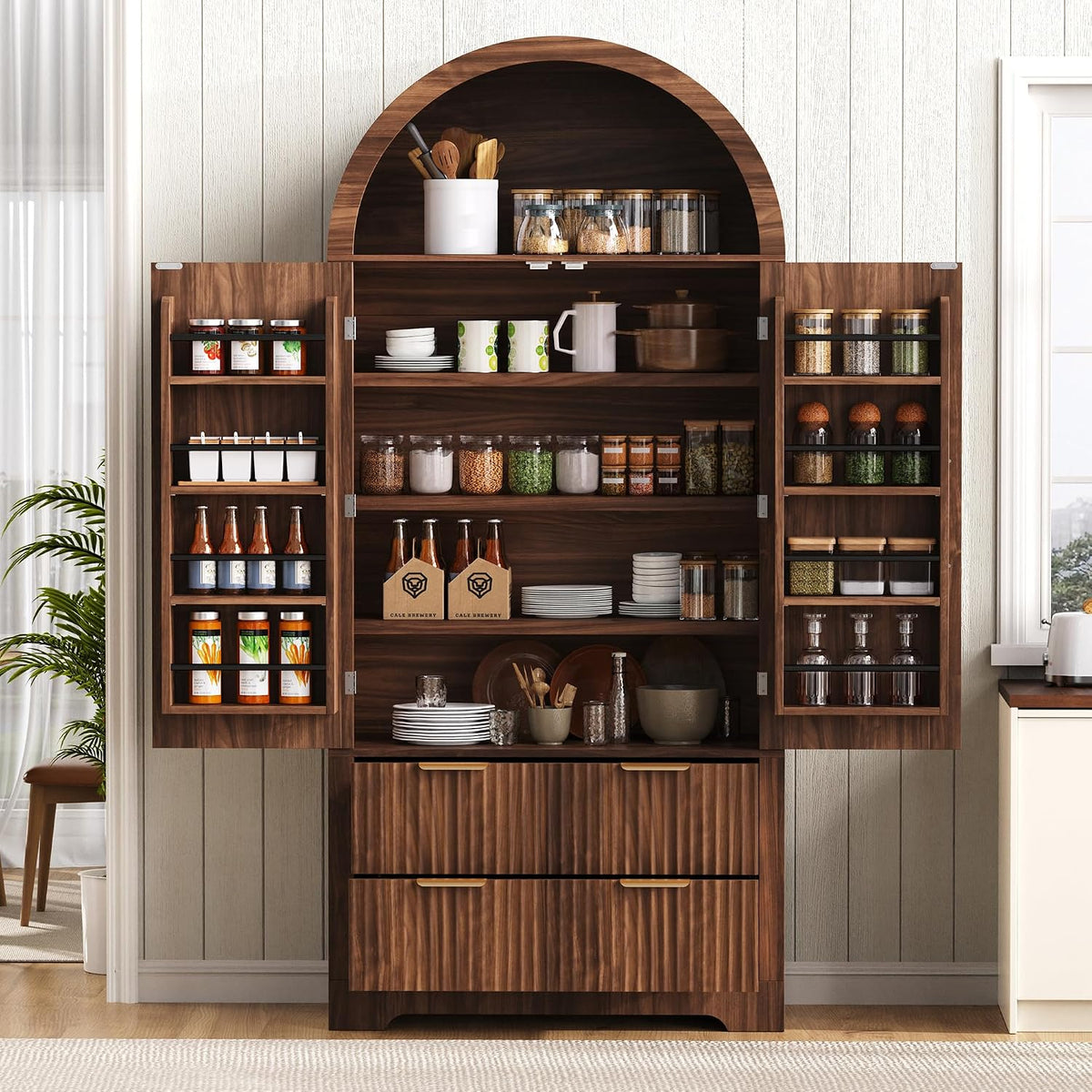 72" Tall Arched Kitchen Pantry Cabinet with 2 Drawers