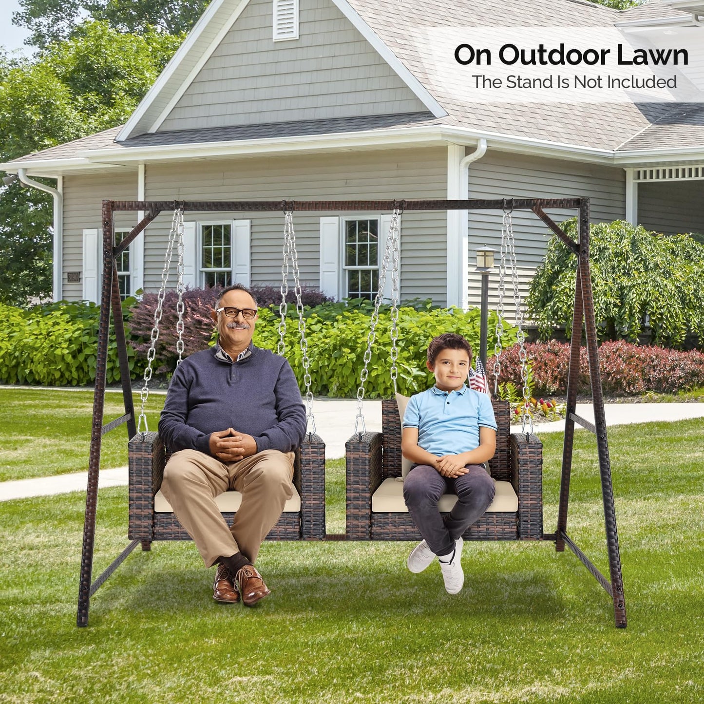 VINGLI 2.4 FT 1-Person Use Round Rattan Porch Swing Outdoor Support 440 LBS with Cushions & Adjustable Chains, Patio Wicker Swing Bench Chair for Garden, Yard, Lawn, Tree, Brown