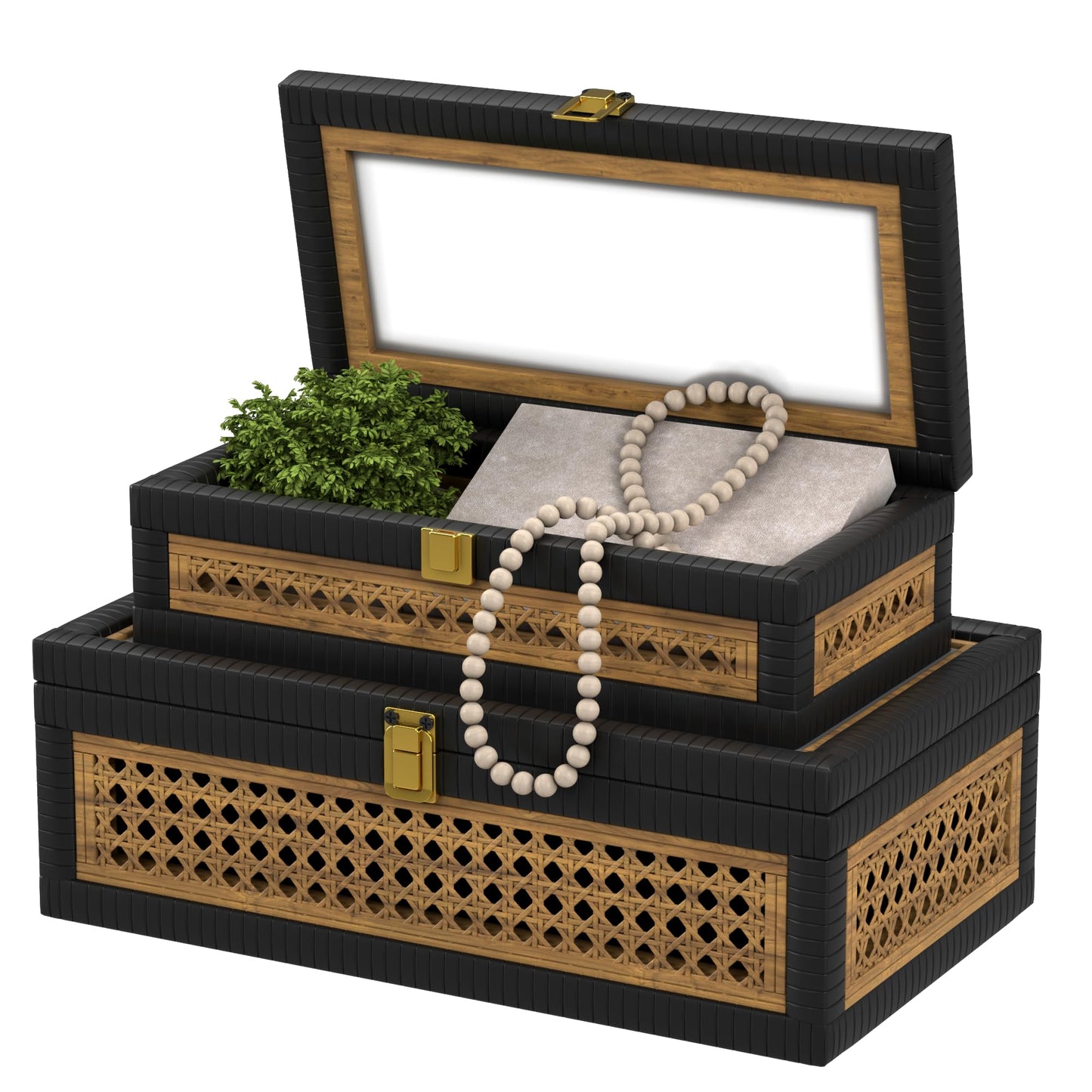 Rattan Decorative Box,Boho Display Boxes with Lids,Set of 2 Rectangular Wicker Storage Decoration,Natural Woven Cane Bins for Home Decor for Rustic Farmhouse(Yellow and Black)