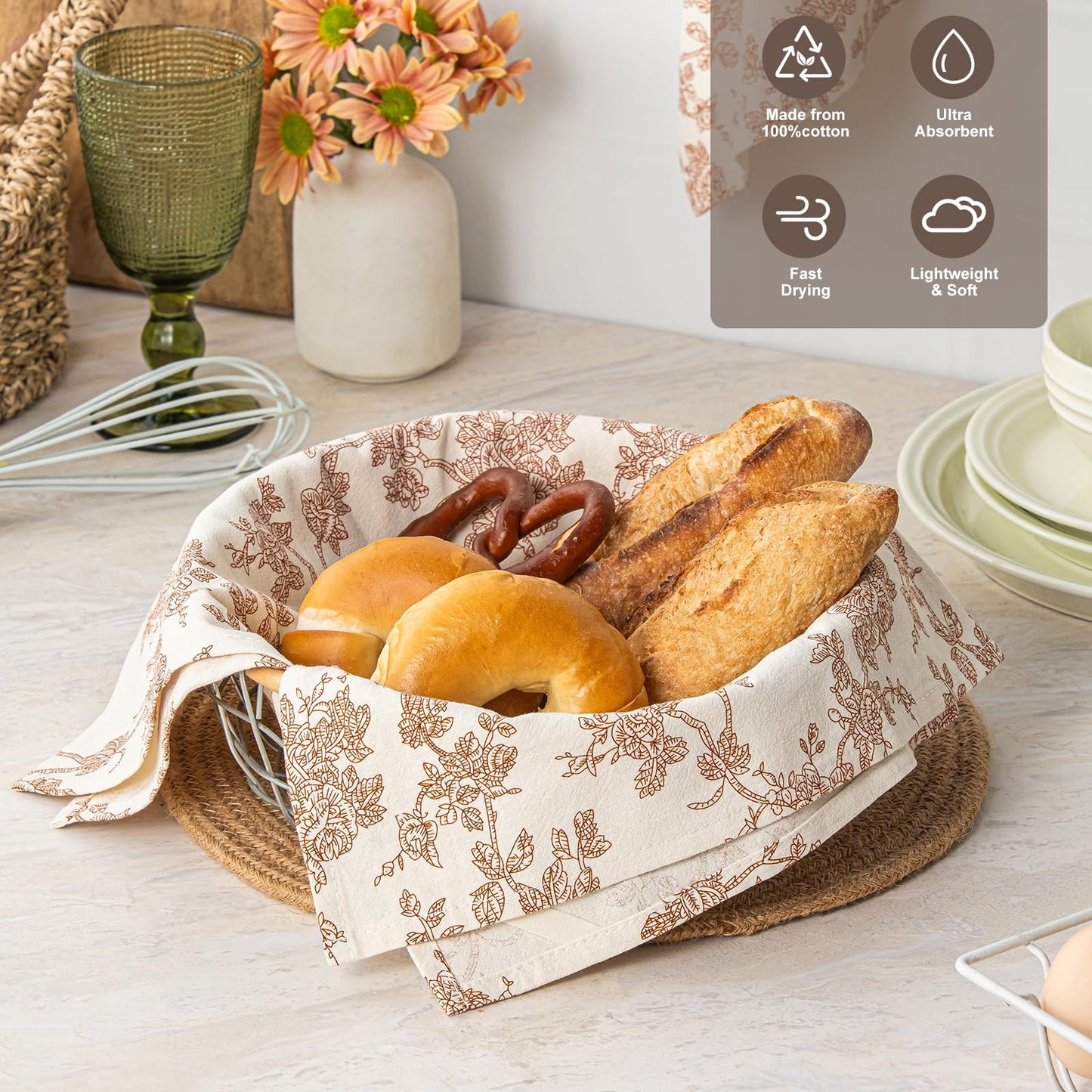 100% Cotton French Pastoral Kitchen Towels Set of 2, Decorative Flour Sack Tea Towels with Hanging Loop 18x25 Inch Absorbent Dish Cloths Farmhouse Home Decor, Brown