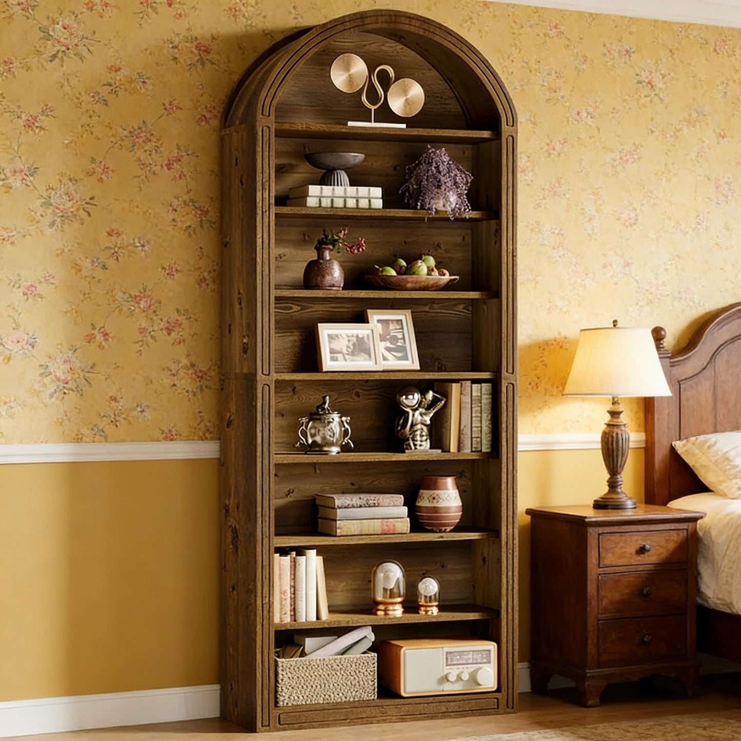 Arched 8 Tier Tall Bookshelf with Wood Back Panel