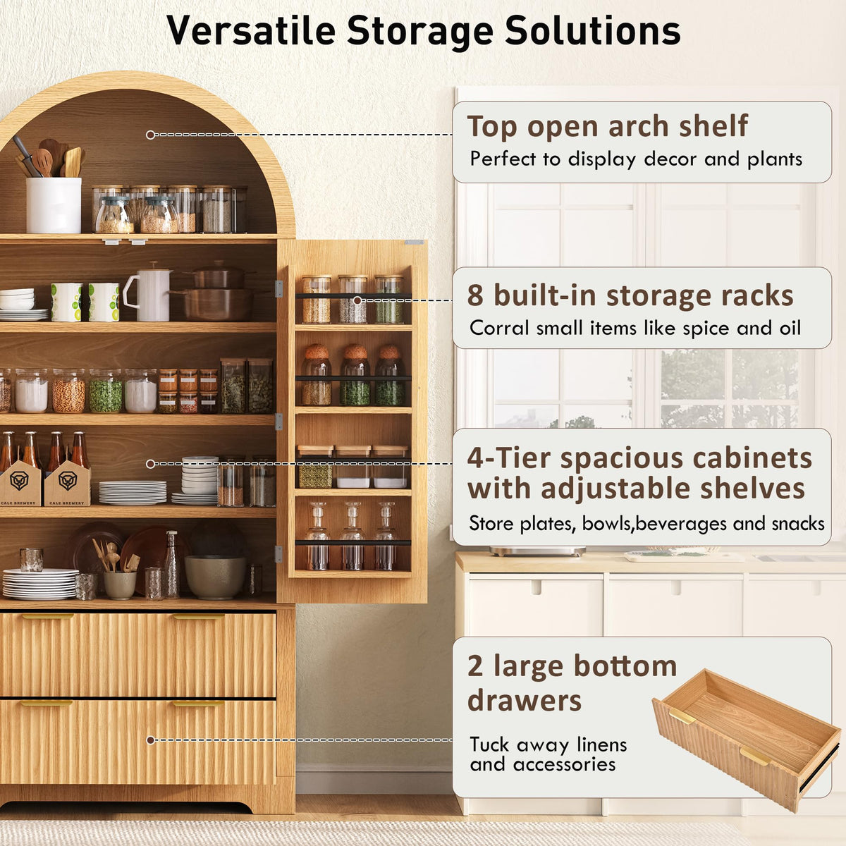 72" Tall Arched Kitchen Pantry Cabinet with 2 Drawers