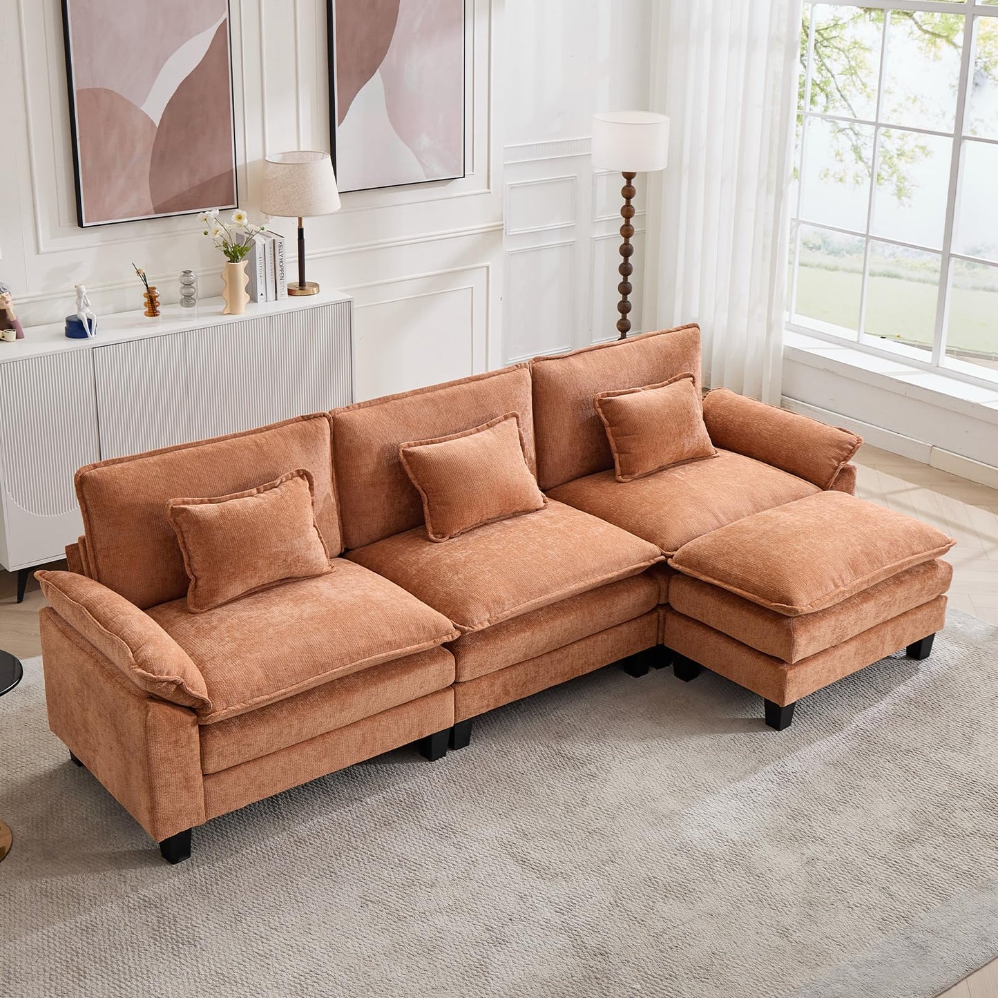 120" Modular Sectional Sofa, Comfy Cloud Couch Sectional Sofa with Ottoman, Chenille Sofa Sleeper Deep Seat Sofa with Throw Pillows for Living Room (Beige White, 120"- U Shape)