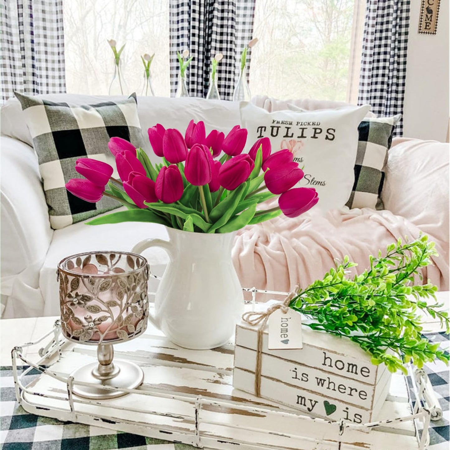 Beferr White Tulips Artificial Flowers 18Pcs Faux Silk Tulip Real Touch Tulip Fake Flowers Bouquets Arrangements for Mother's Day Easter Spring Flowers Gifts Home Table Decor