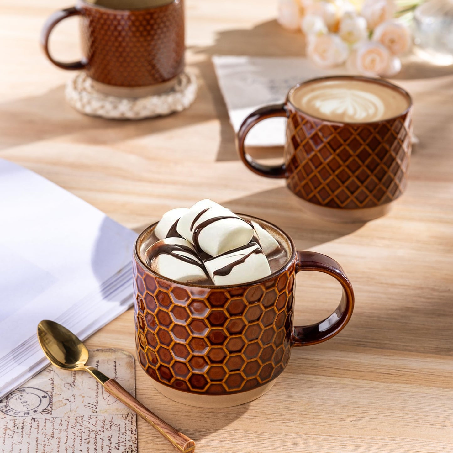 GBhome 12OZ Stackable Coffee Mugs, Ceramic Coffee Mugs with Texture Patterns for Man,Woman,Dad,Mom, Modern Coffee Mugs Set of 4 for Latte/Cappuccino/Cocoa. Dishwasher&Microwave Safe, Pale Khaki