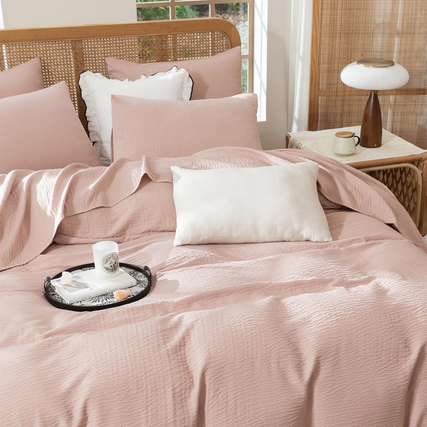 Striped Duvet Cover Queen Beige Washed Microfiber Jacquard 3 Pieces Bedding Set, White Beige Vertical Ticking Stripes Pattern Comforter Cover with Zipper Closure Breathable Durable Soft Comfy