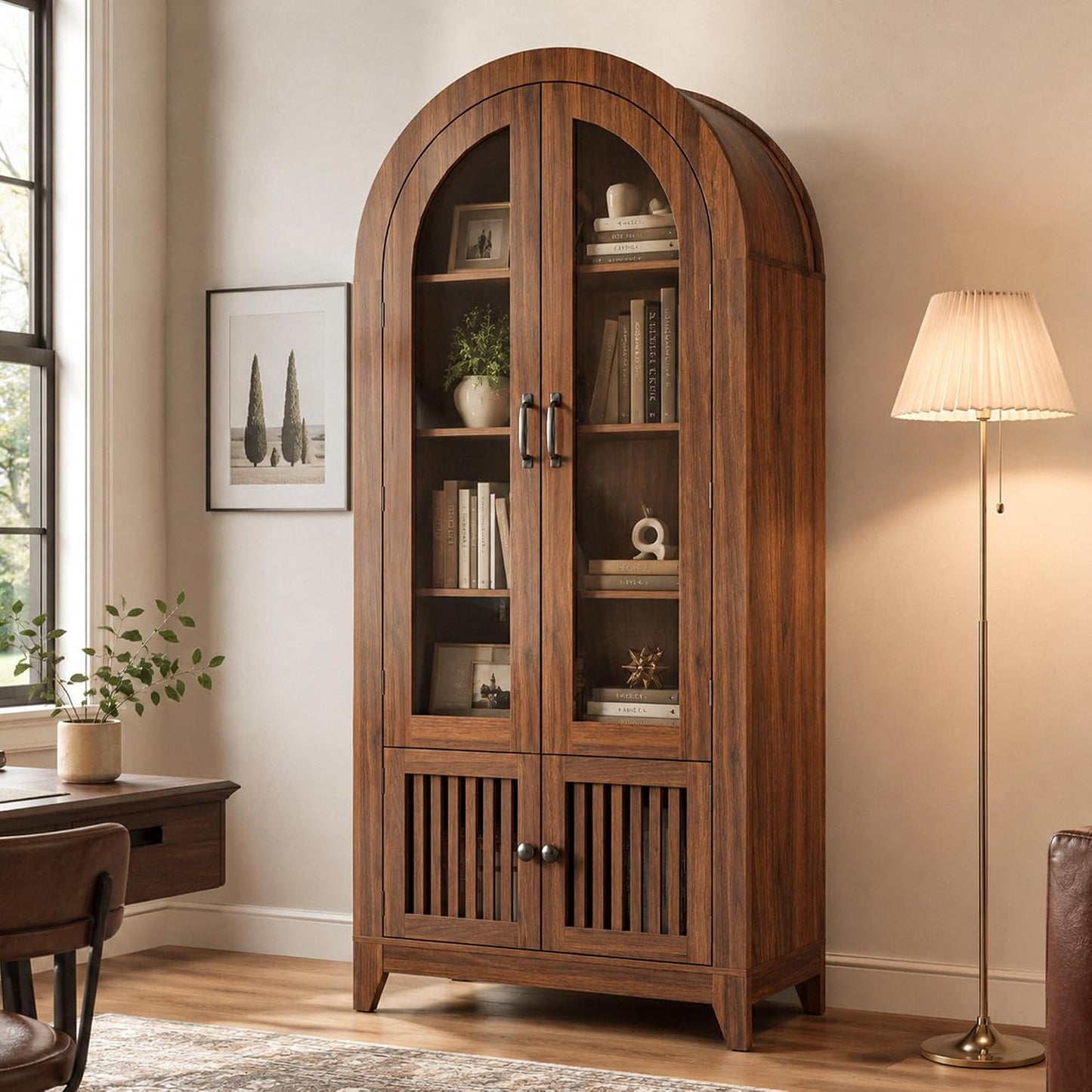 Tall Arched Storage Cabinet with Glass Door