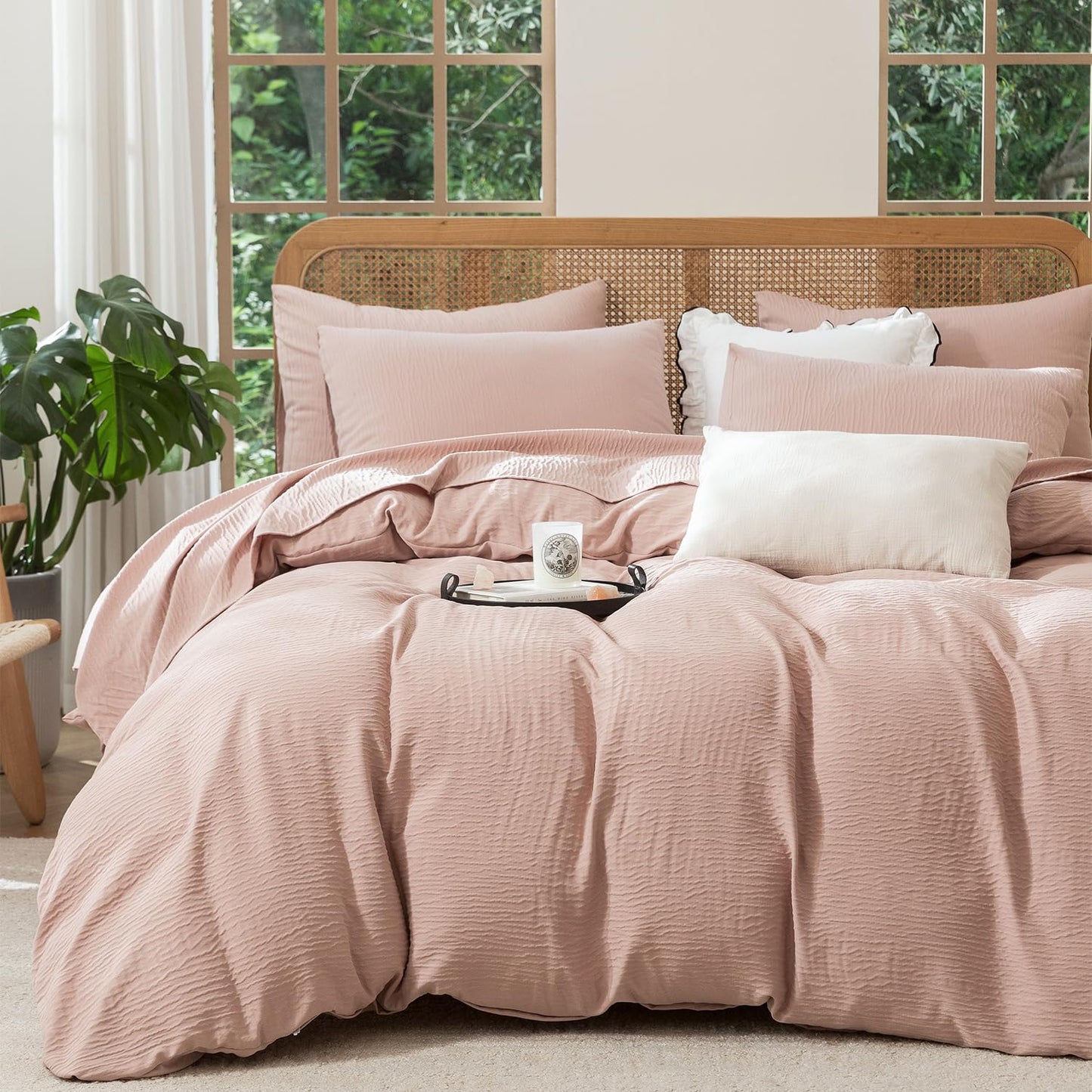 Striped Duvet Cover Queen Beige Washed Microfiber Jacquard 3 Pieces Bedding Set, White Beige Vertical Ticking Stripes Pattern Comforter Cover with Zipper Closure Breathable Durable Soft Comfy
