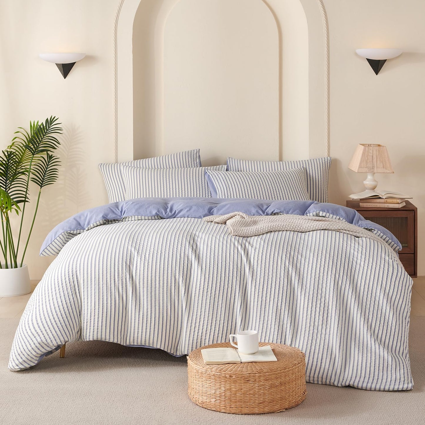 Striped Duvet Cover Queen Beige Washed Microfiber Jacquard 3 Pieces Bedding Set, White Beige Vertical Ticking Stripes Pattern Comforter Cover with Zipper Closure Breathable Durable Soft Comfy