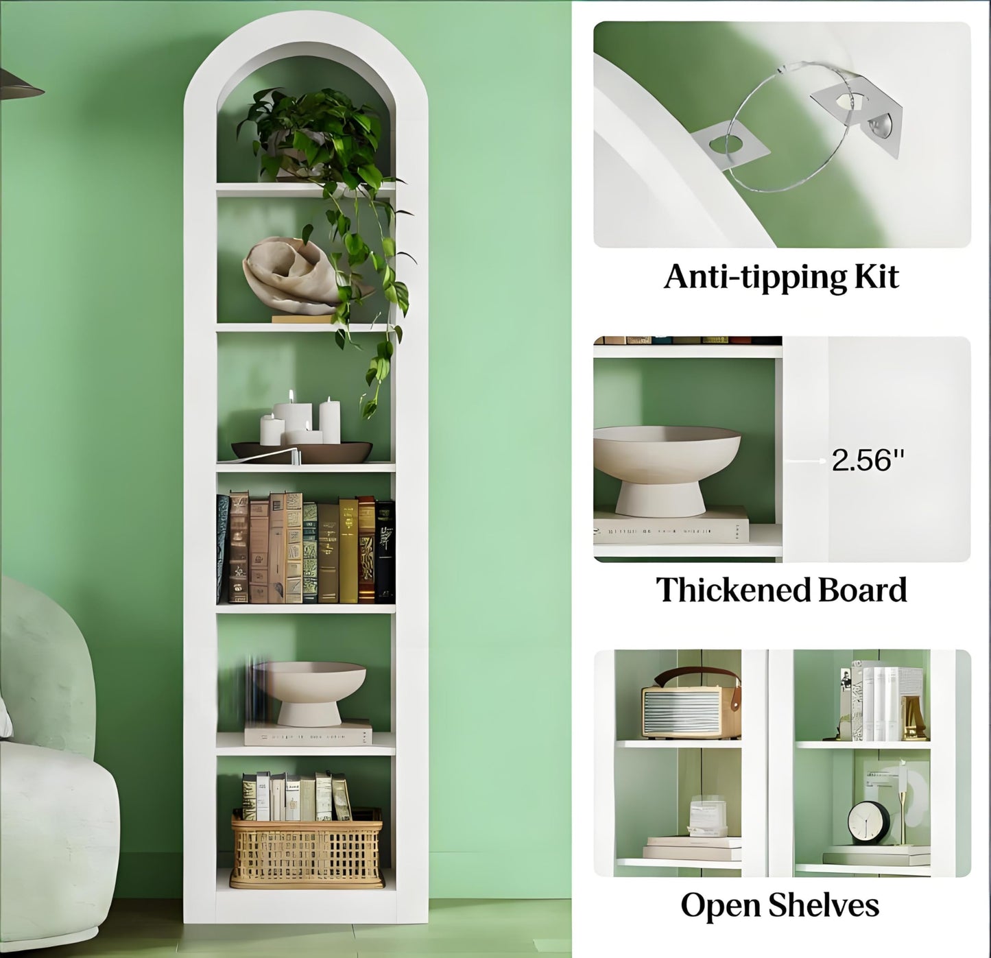 Arched 8 Tier Tall Bookshelf with Wood Back Panel
